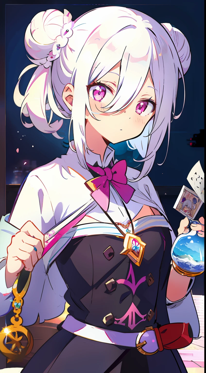 Gacha Character、white  hair、Pink eyes、Bun hair、​masterpiece、top-quality、Top image quality、cute little、magia