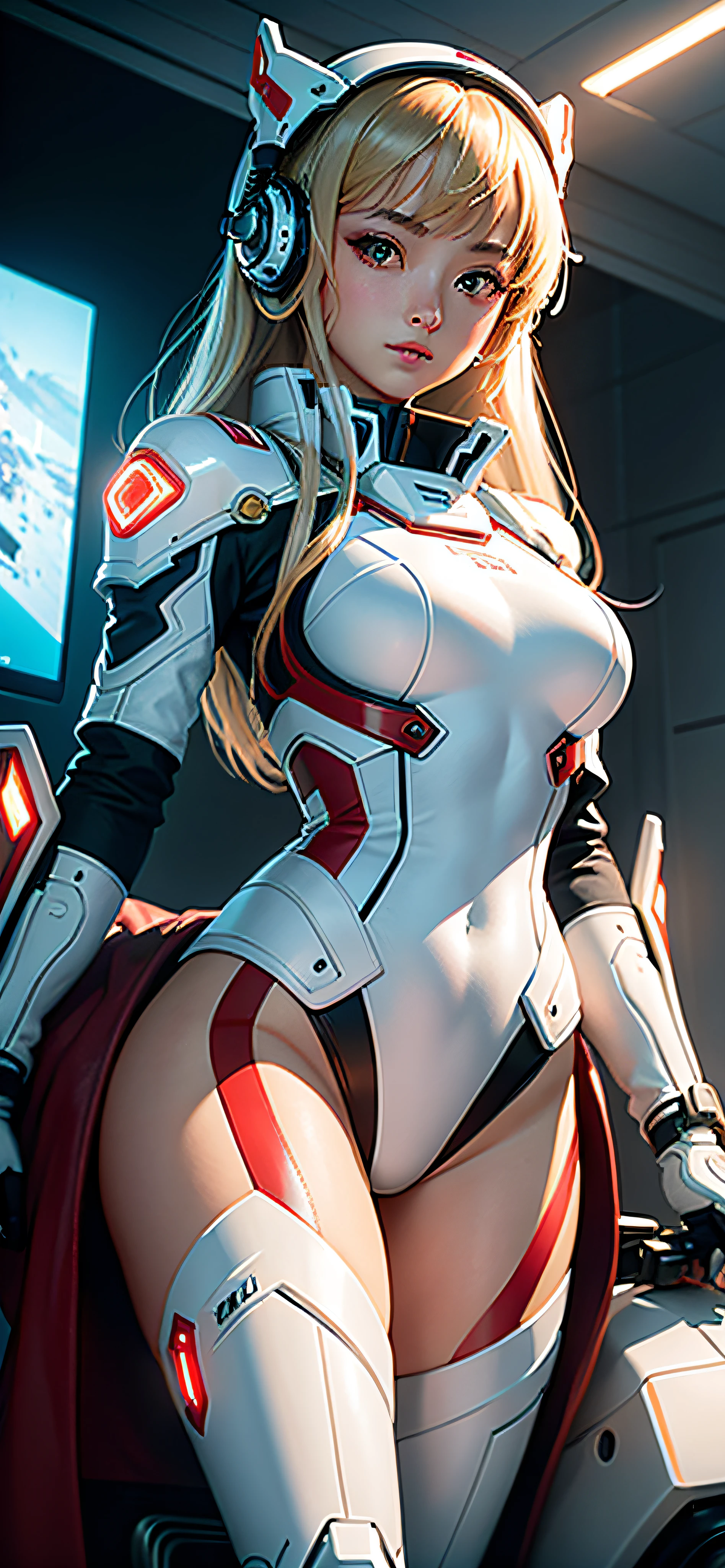 Highest image quality，Outstanding details，超高分辨率，（fidelity：1.4），The best illustration，Favor the details，Highly cohesive 1girl，He has a delicate and beautiful face，Dressed in a white-red mech，wearing a mech helmet，Hold the direction controller，Riding on a motorcycle，The background is a high-tech lighting scene in the future city。