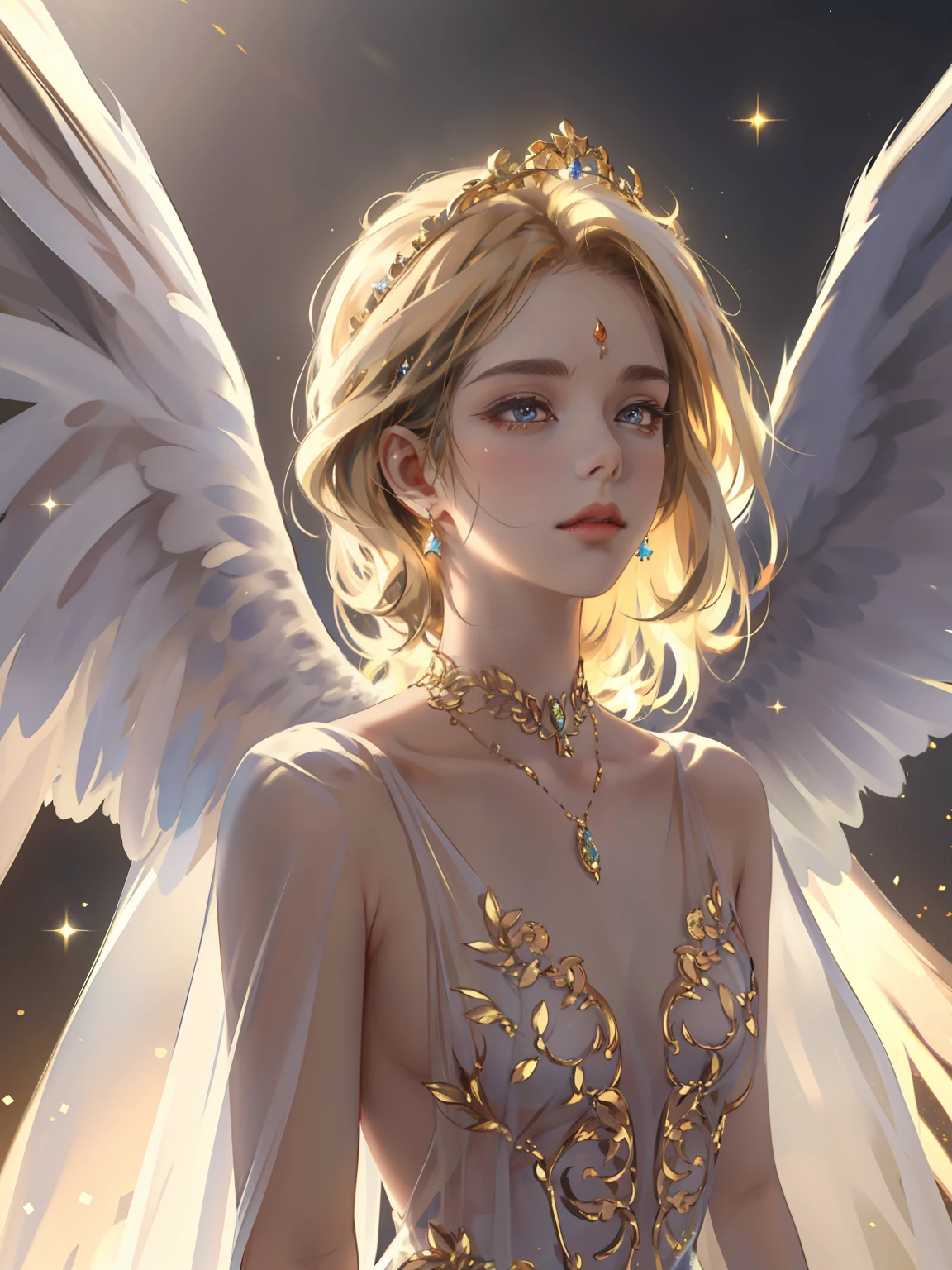 tmasterpiece,best qualtiy,Beauty portrait,Intricate dresses,divino,Golden eyes,photorealisti,tmasterpiece,Archangel,angel wing,Silk dress,ventania,fanciful,From artstation,Glitter jewelry,glarelight,Irridescent color,globalillumination,Real hair movement,realistic raytraicing,realistic shaded,side looking,((ssee-through))、softlighting、Dreamlight、perfect eyes、Background 4K、𝓡𝓸𝓶𝓪𝓷𝓽𝓲𝓬、high detal、tiara crown、Gold and precious stones
