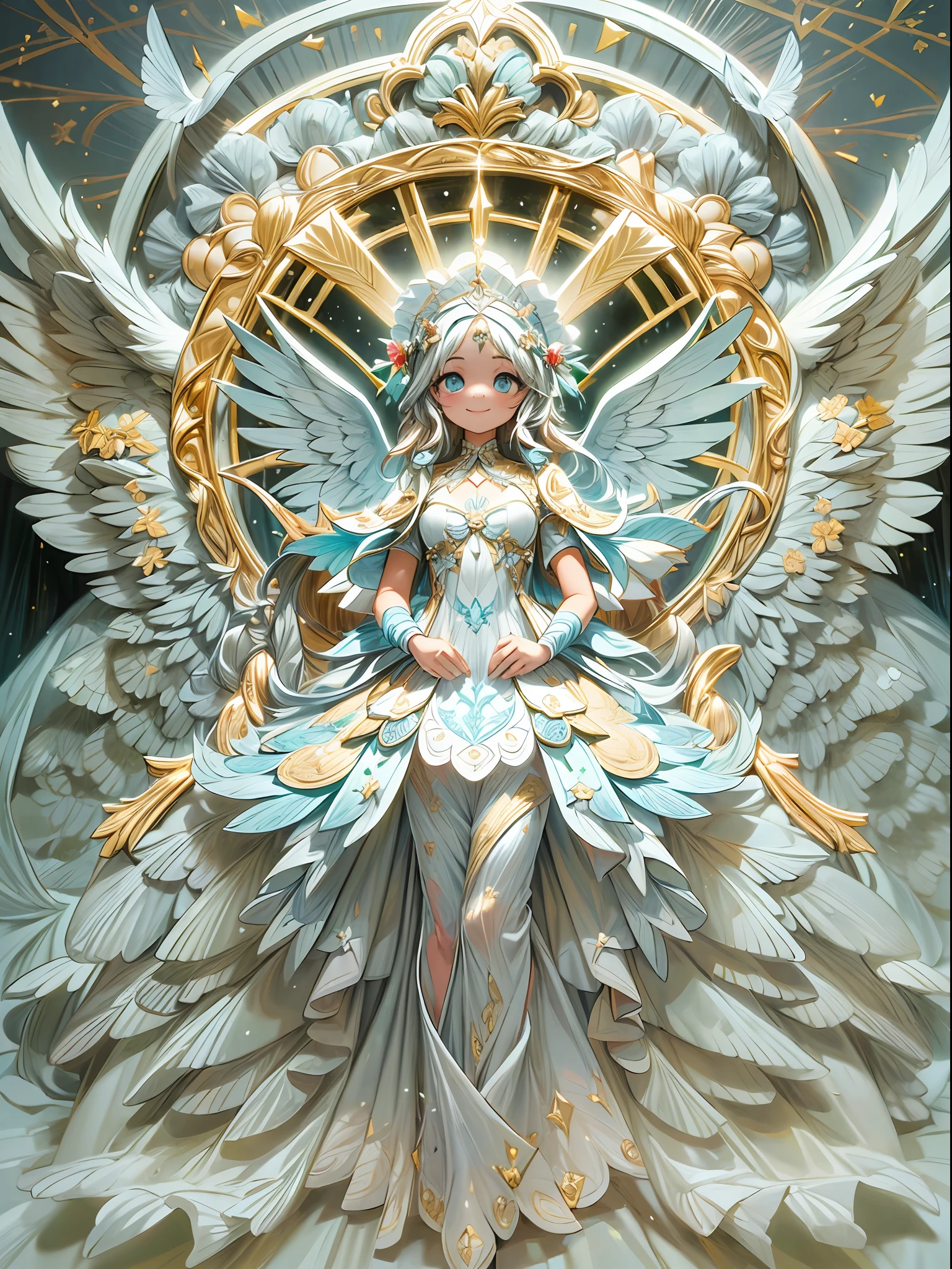 (full-body shot:1.4), White background, (1 angel girl,shining wings, halo, exquisite headdress, smile), (paper art, Quilted paper art, geomerty), (extremely colorful, Best quality, Detailed details, Masterpiece, offcial art, movie light effect, 4K, Chiaroscuro)