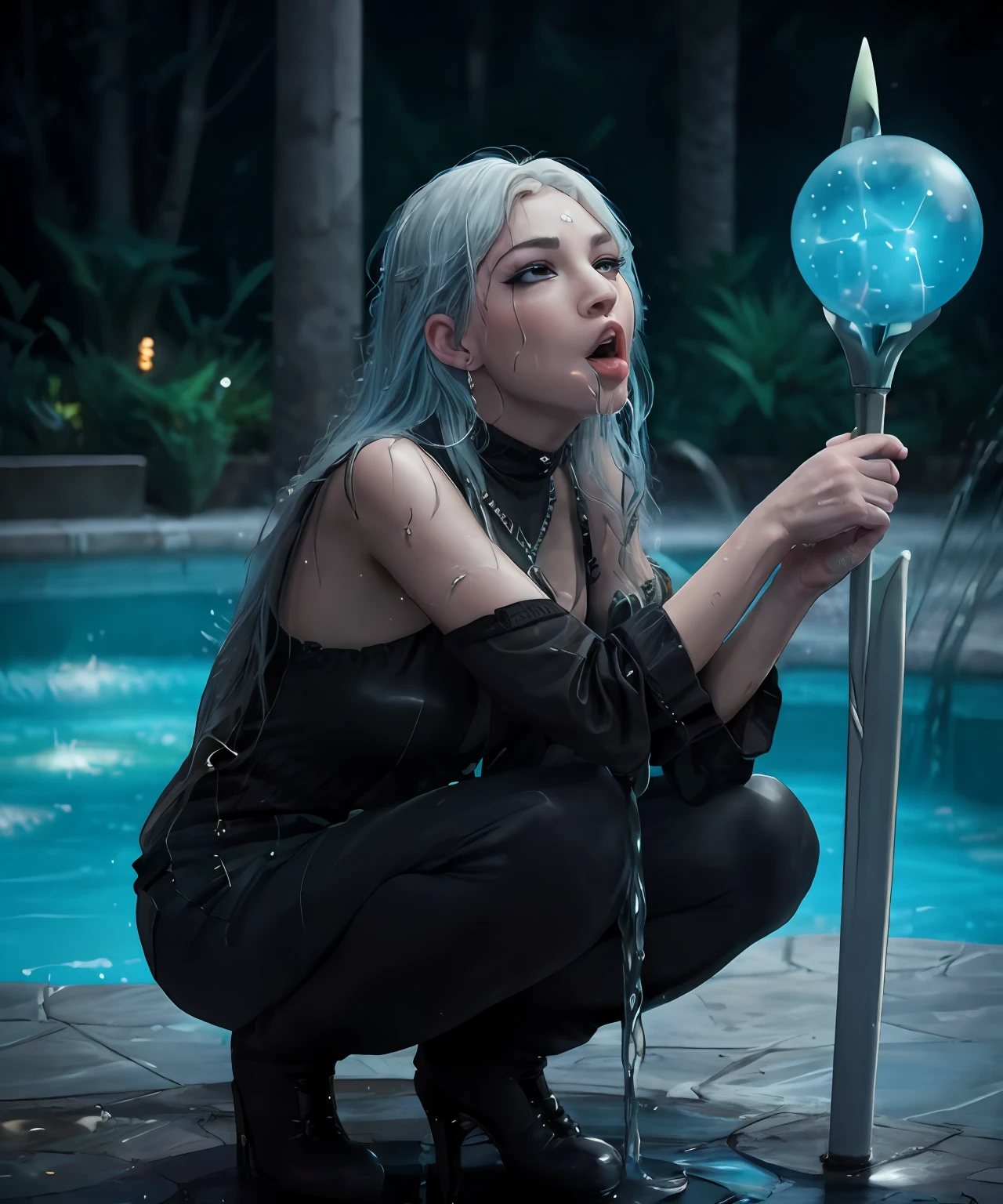 fantasy setting, sharp focus, high quality photo of beautiful nordic mature woman,magician , wearing black clothes with silver tracery, white single braid hair, confident look, rising ((magic staff with shining sphere atop)), glowing runes flying around, jewelry, detailed eyes, low body-fat, cinematic lighting, highly detailed, (matching eyes:1.2), fully body photo, epic pose, night sky background, art by charlie bowater, (Extremely Detailed Oil Painting:1.2), glow effects, godrays, Hand drawn, render, 8k, octane render, cinema 4d, blender, dark, atmospheric 4k ultra detailed, cinematic sensual, Sharp focus, humorous illustration, big depth of field, Masterpiece, colors, 3d octane render, 4k, concept art, trending on artstation, hyperrealistic, Vivid colors, extremely detailed CG unity 8k wallpaper, trending on ArtStation, trending on CGSociety, Intricate, High Detail, dramatic, (ahegao:1.5), squatting, (peeing:1.2), shouting, begging for her life, shocked, trembling, (pool of liquid on the ground:1.5)