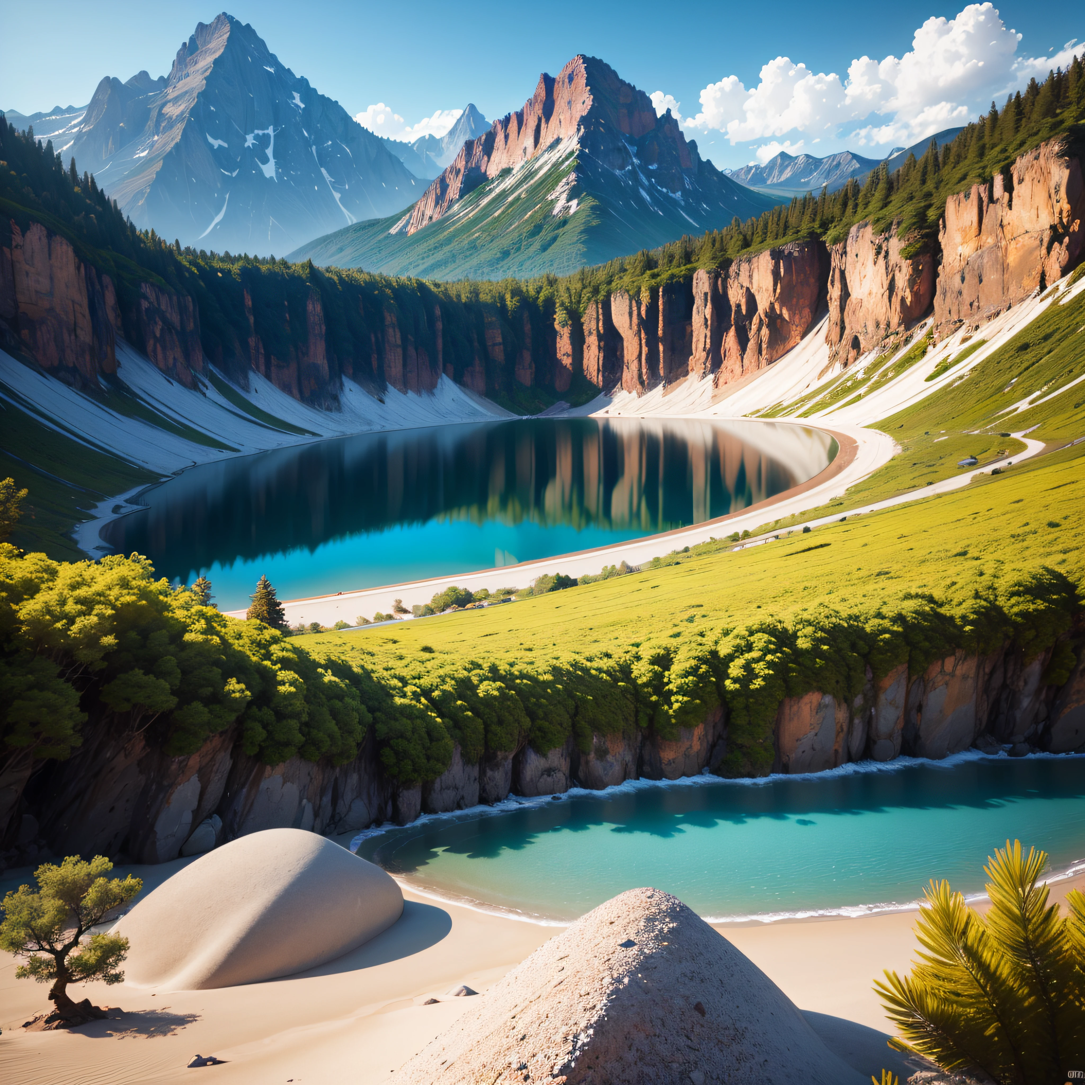 Lago Paisaje Natural, Mointains Sol, High detail, hiper realista, 8k, volumetic, Renderizado 3D --auto
