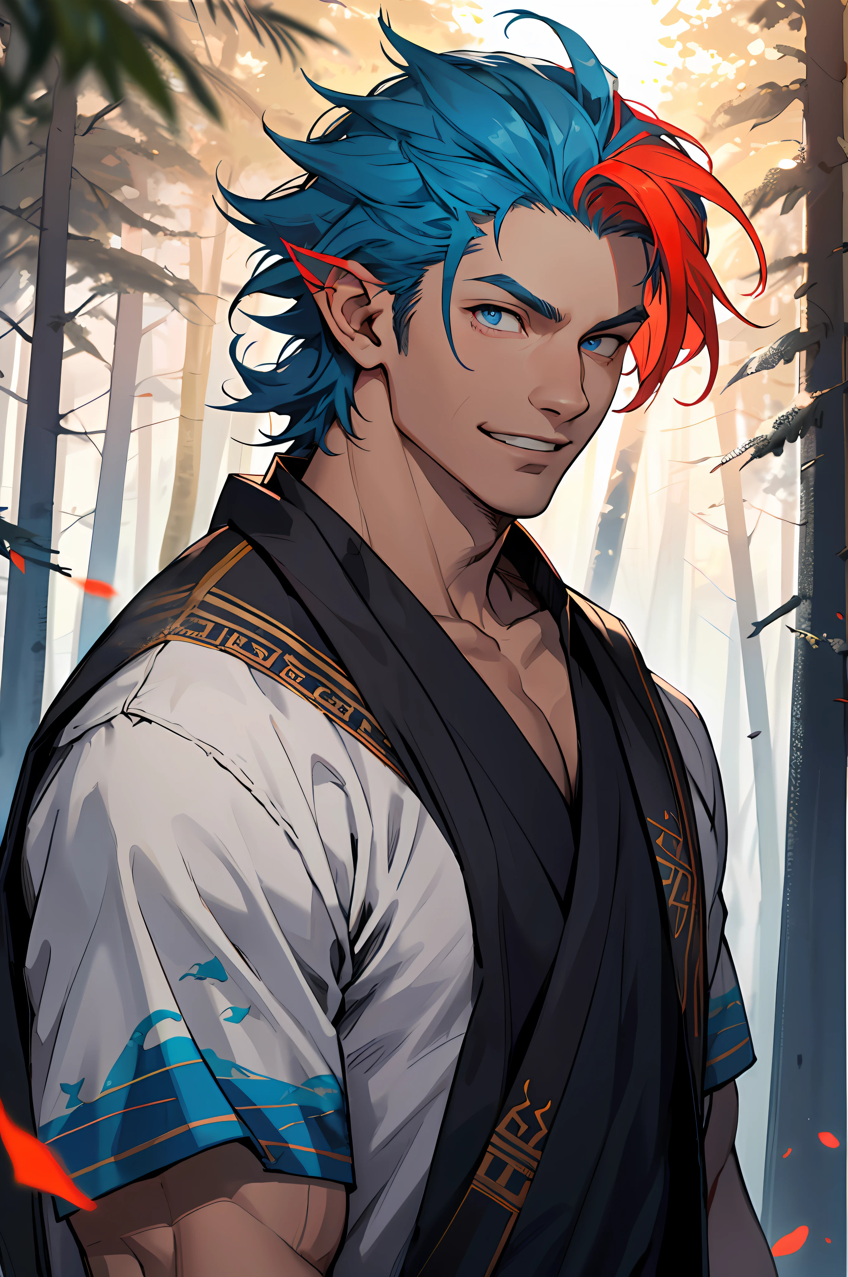 shaggy,The main body is blue with a slight red color,blue colored eyes,Strong,Handsome,ssmile,red colored skin,Ancient Greek costumes,healthy,crisp background,high qulity,in the middle of a forest,The sea in the distance,This is when the sun rises。