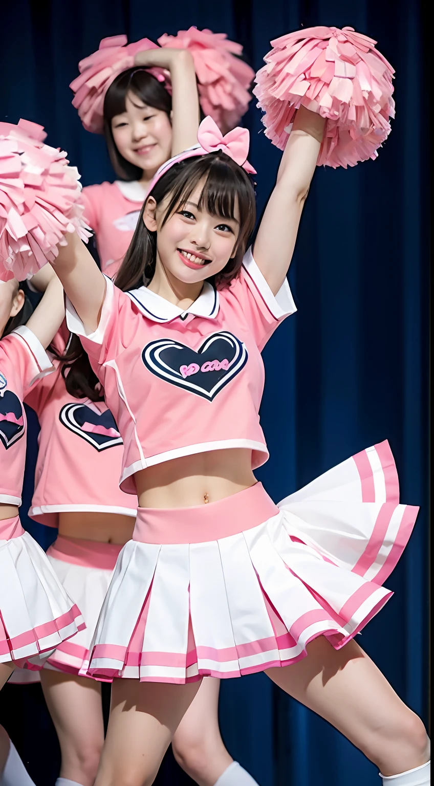 Alafe cheerleader in white and pink uniform is performing, chiho, kawaii playful pose of a dancer, Young Pretty Gravure Idol, cheeryblossom, Young Gravure Idol, cheering, Young skinny gravure idol, coy smile, yami kawaii, , a teenage girl cheerleader