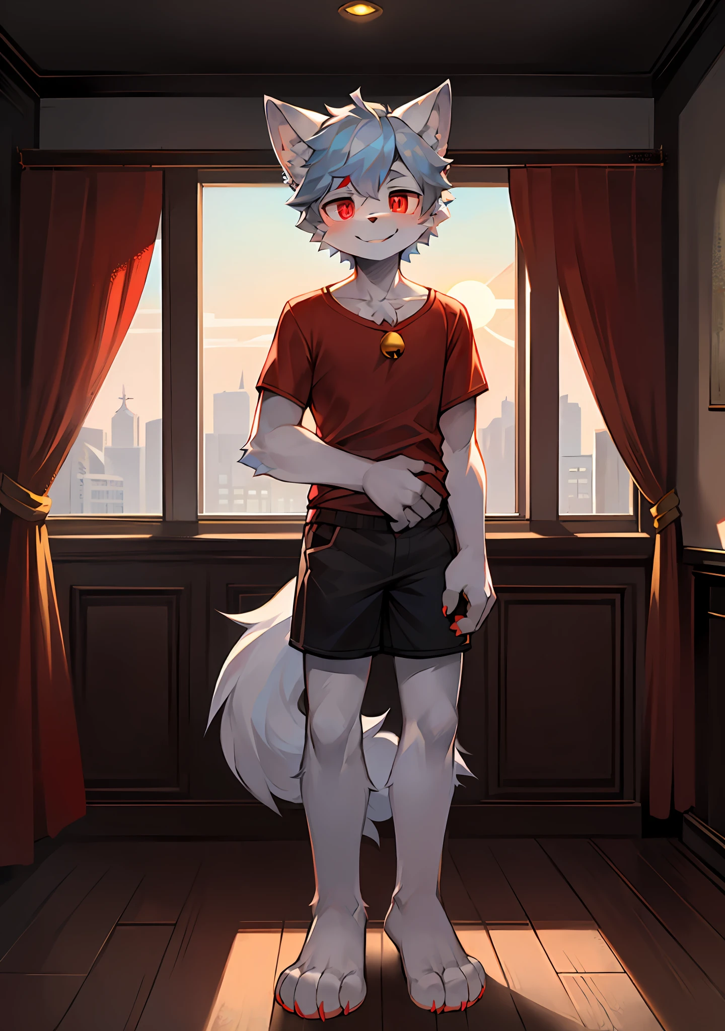 High Picture Quality，‎Classroom，potted，early evening，the setting sun，Single player，Wolf animal human form，No spot，male figure，Full body standing painting，Cute face，short detailed hair，Dark gray fur，Wolf ears，Deep gray ear roots，Light blue ear tips，Dark red pupils，Hairy wolf tail，Deep gray tail root，White tail tip，Dark gray arm，White paws，Hands naturally droop，The limbs are wolf paws，4 white fingers，4 white toes，Look to the left，Happy expression，Dark red short-sleeved T-shirt，Black  shorts，Red hand towel，A golden bell is hung around the neck，stand posture。