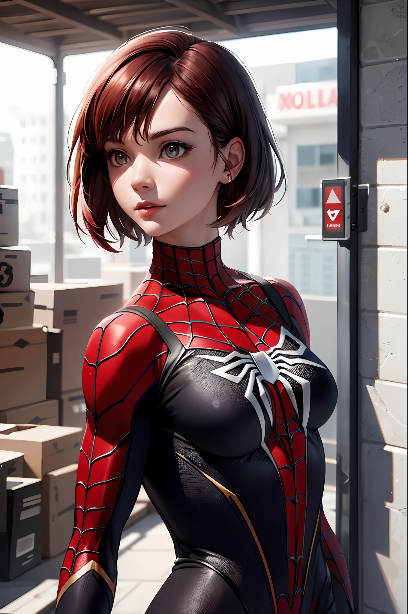 best quality,game cg, teen Dora the explorer, masterpiece, best quality, 8k, detailed skin texture, detailed cloth texture, beautiful detailed face, intricate details, ultra detailed, Spider-Man uniform, straight red hair, (Half body:1.2)