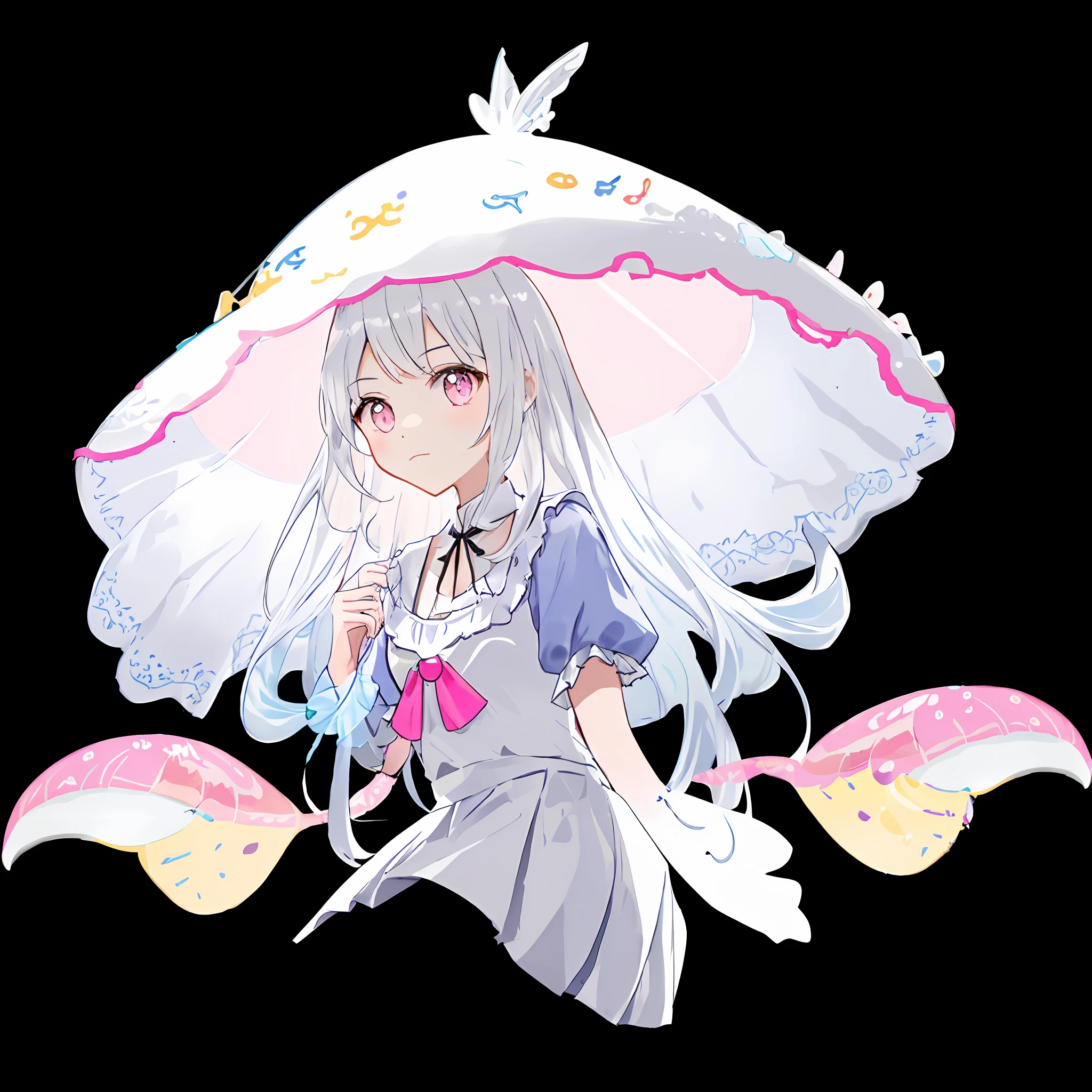 "White long haired girl on the beach,A cool pink hat,There is white lace trim on the head,Upper body transparent,short- sleeved,Wear a short skirt,Sitting by the sea,natta,There are jellyfish in the sea。"