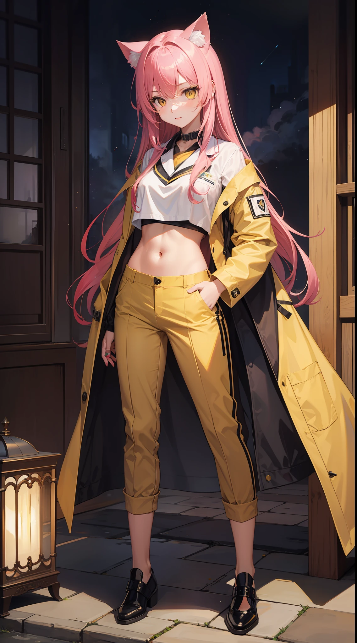young girl, long pink hair, cat ears, yellow eyes, labcoat, open belly, Lowered pants, Masterpiece, hiquality