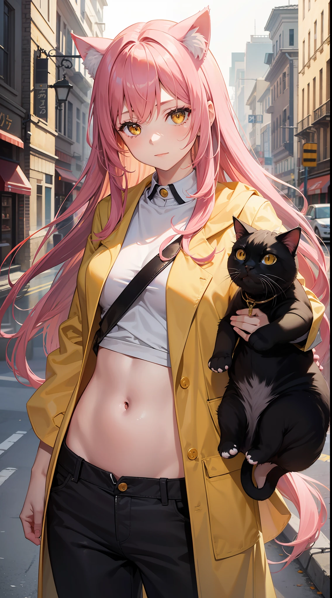 young girl, long pink hair, cat ears, yellow eyes, labcoat, open belly, Lowered pants, Masterpiece, hiquality
