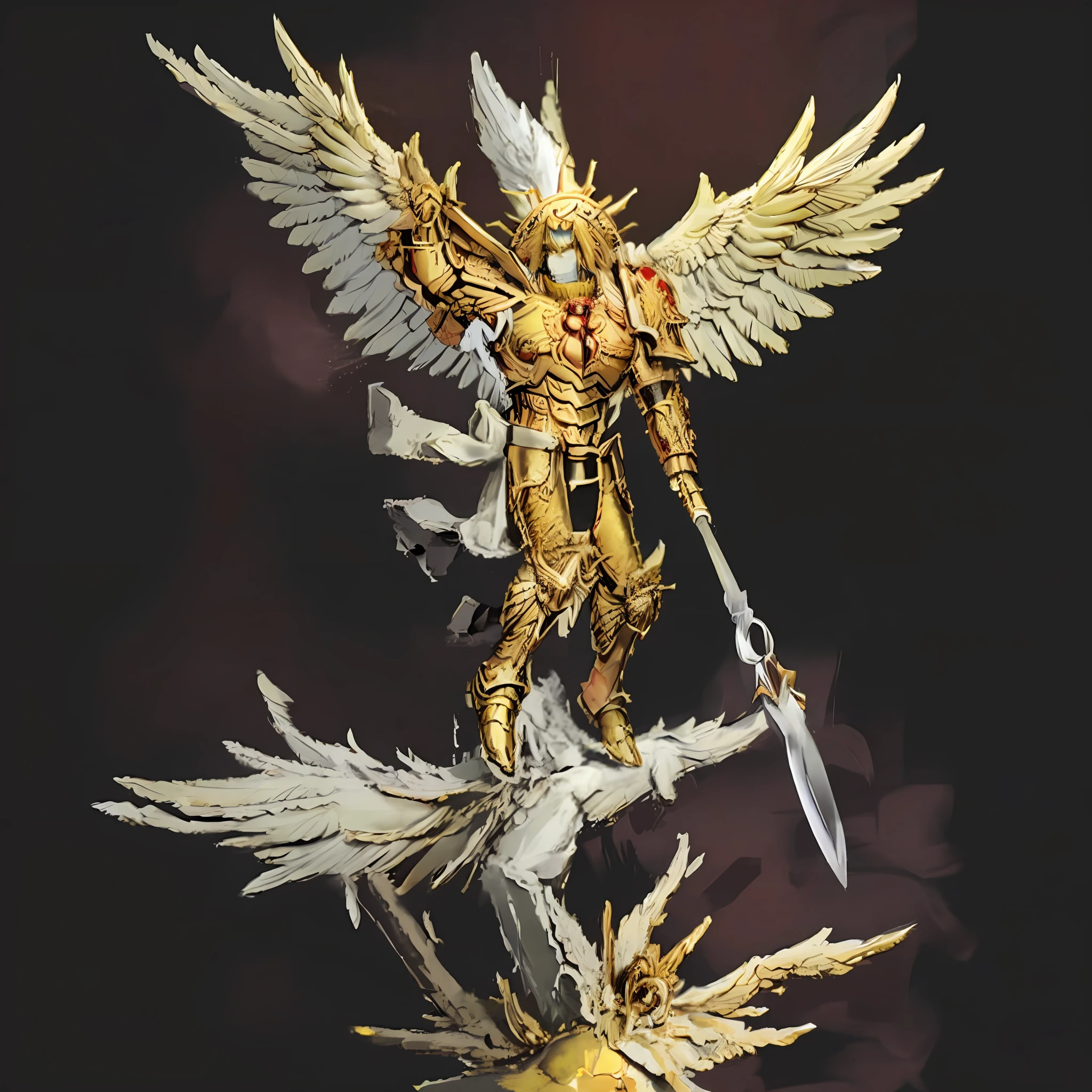 anime big breast，Close-up of a statue of winged man holding a sword, Angel in golden armor,  angelic golden armor, High Angel, Archangel, full - body majestic angel, the god emperor of mankind, holy paladin, ( ( The king of artificial intelligence art ) ), gold mask