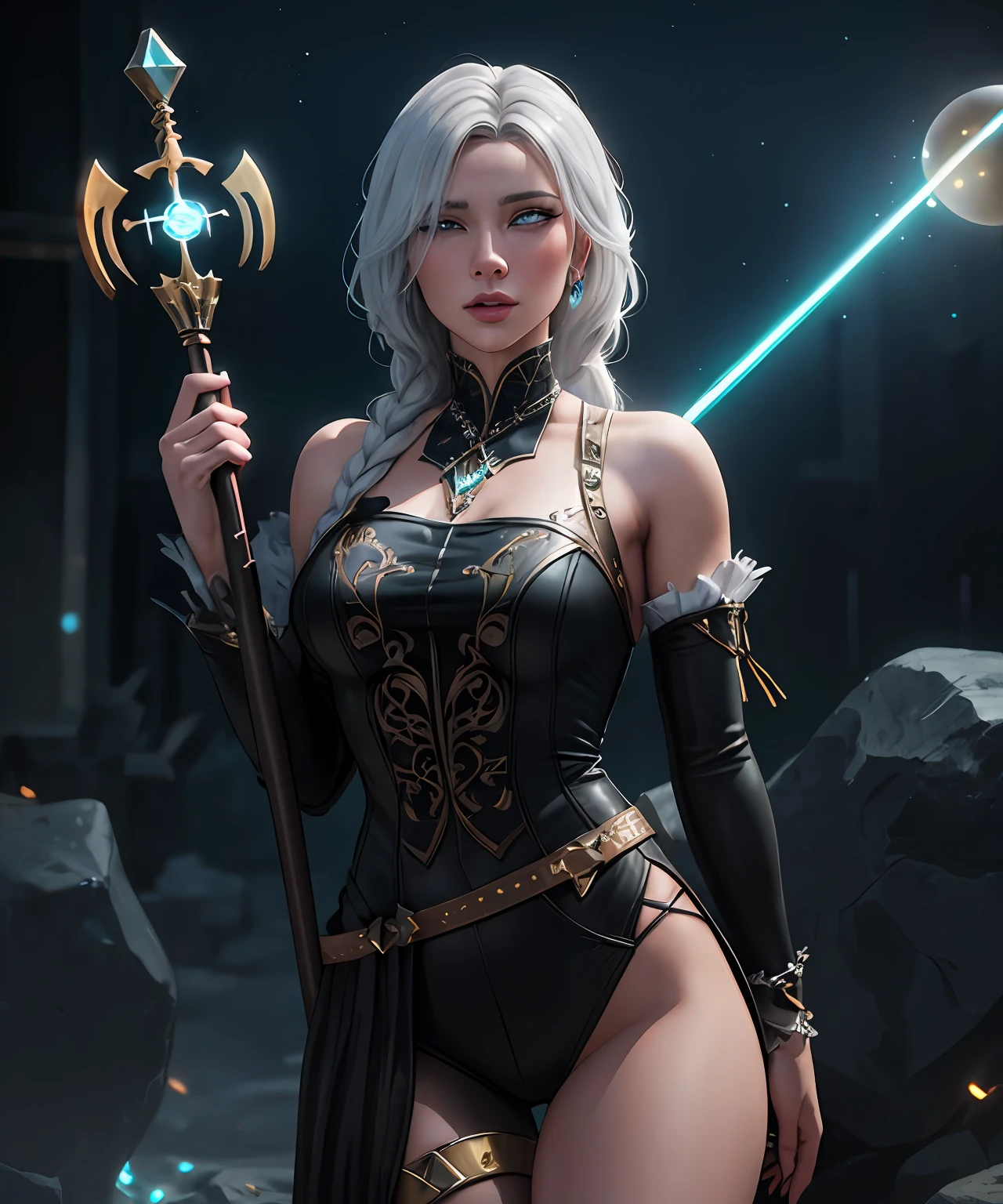 fantasy setting, sharp focus, high quality photo of beautiful nordic mature woman,magician , wearing black clothes with silver tracery, white single braid hair, confident look, rising ((magic staff with shining sphere atop)), glowing runes flying around, jewelry, detailed eyes, low body-fat, cinematic lighting, highly detailed, (matching eyes:1.2), fully body photo, epic pose, night sky background, art by charlie bowater, (Extremely Detailed Oil Painting:1.2), glow effects, godrays, Hand drawn, render, 8k, octane render, cinema 4d, blender, dark, atmospheric 4k ultra detailed, cinematic sensual, Sharp focus, humorous illustration, big depth of field, Masterpiece, colors, 3d octane render, 4k, concept art, trending on artstation, hyperrealistic, Vivid colors, extremely detailed CG unity 8k wallpaper, trending on ArtStation, trending on CGSociety, Intricate, High Detail, dramatic, (ahegao:1.5), thigh gap