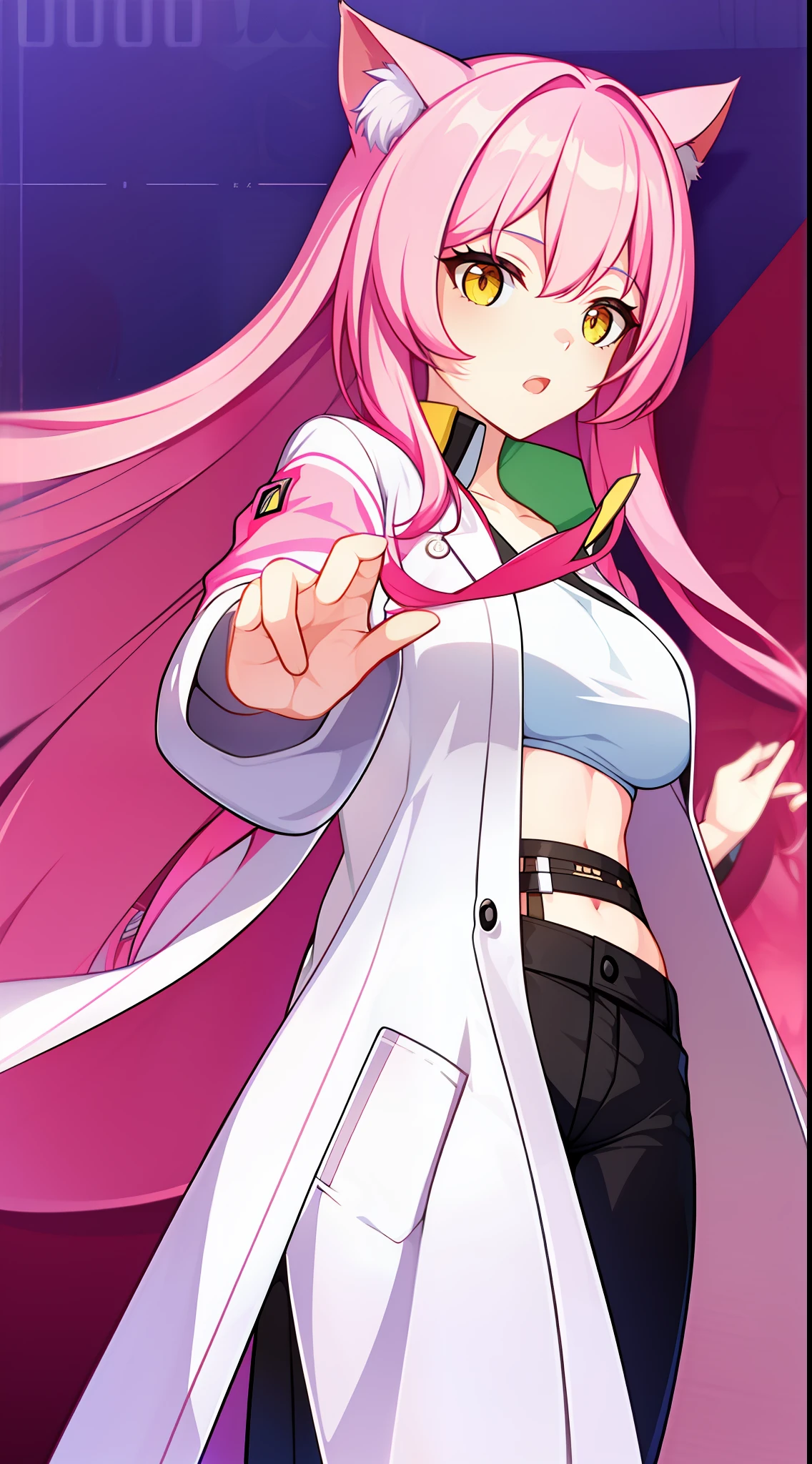 young girl, long pink hair, cat ears, yellow eyes, labcoat, open belly, Lowered pants, Masterpiece, hiquality