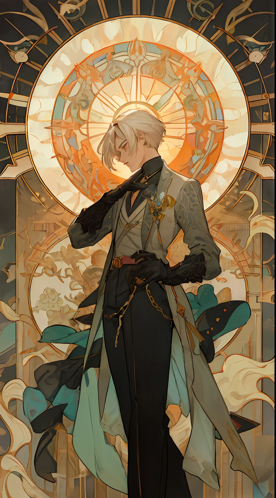 Realistic anime - style illustration of a man with short blonde hair in a coat and coat,There is a clock in the background, anime art nouveau, jc leyendecker and sachin teng, korean art nouveau anime, anime art nouveau cosmic display, trending on artstation pixiv, Art Nouveau! Cyberpunk! Style, art nouveau cyberpunk, Alphonse mucha and rossdraws