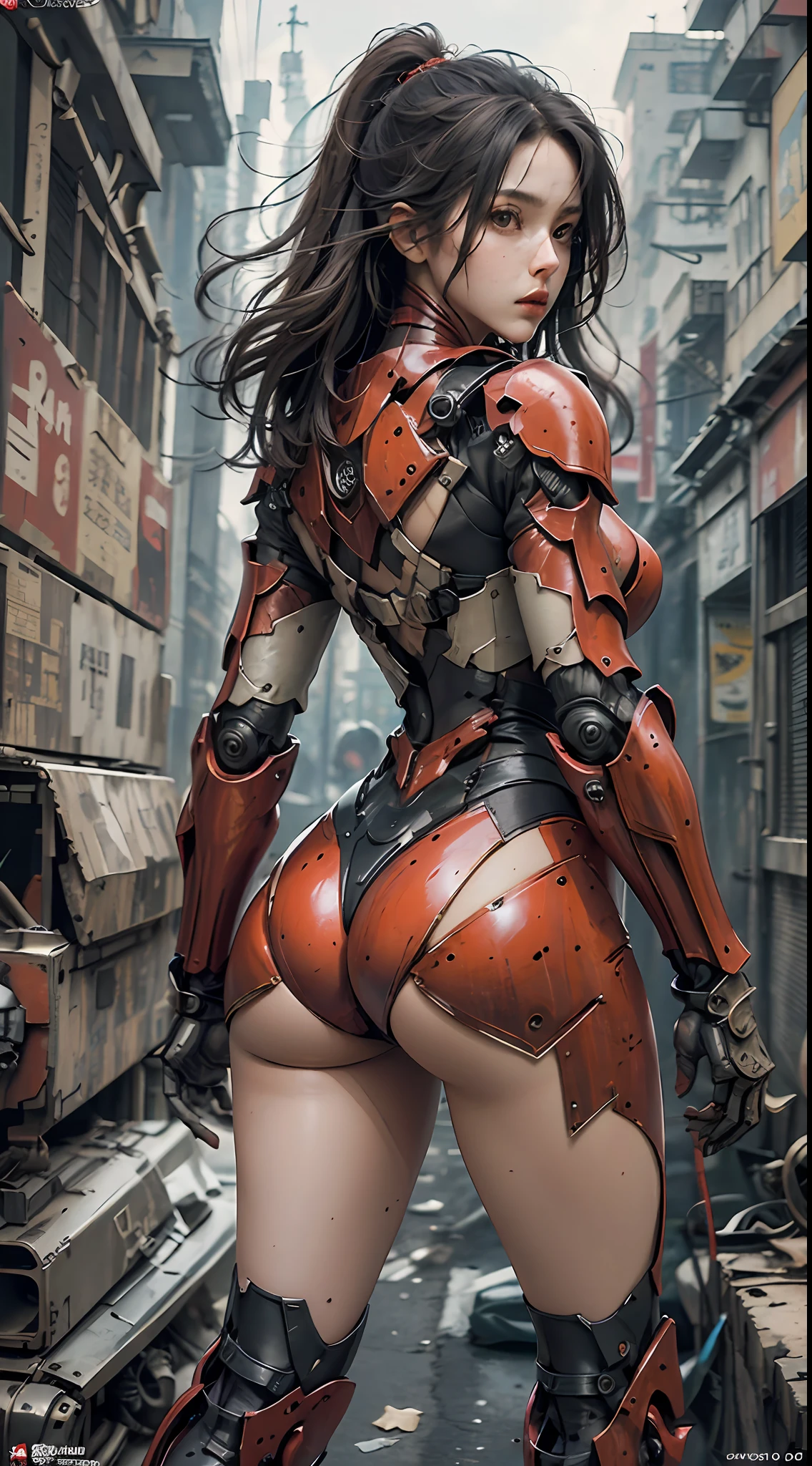(Masterpiece), (Best quality), Photorealism, Realistic, Ultra detailed, Perfect face, Perfect body, 1girll, Beautiful girl, Girl in red armor, Mechanical armor, exoskeleton, Stand, Cool pose, Sexy, Watching from behind