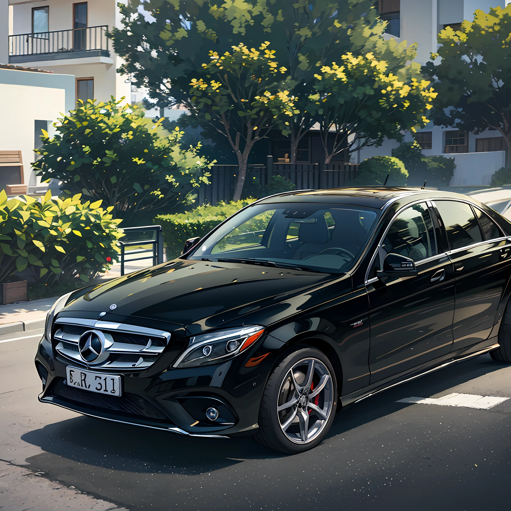 A black Mercedes sedan,In the villa,Heading outside the villa