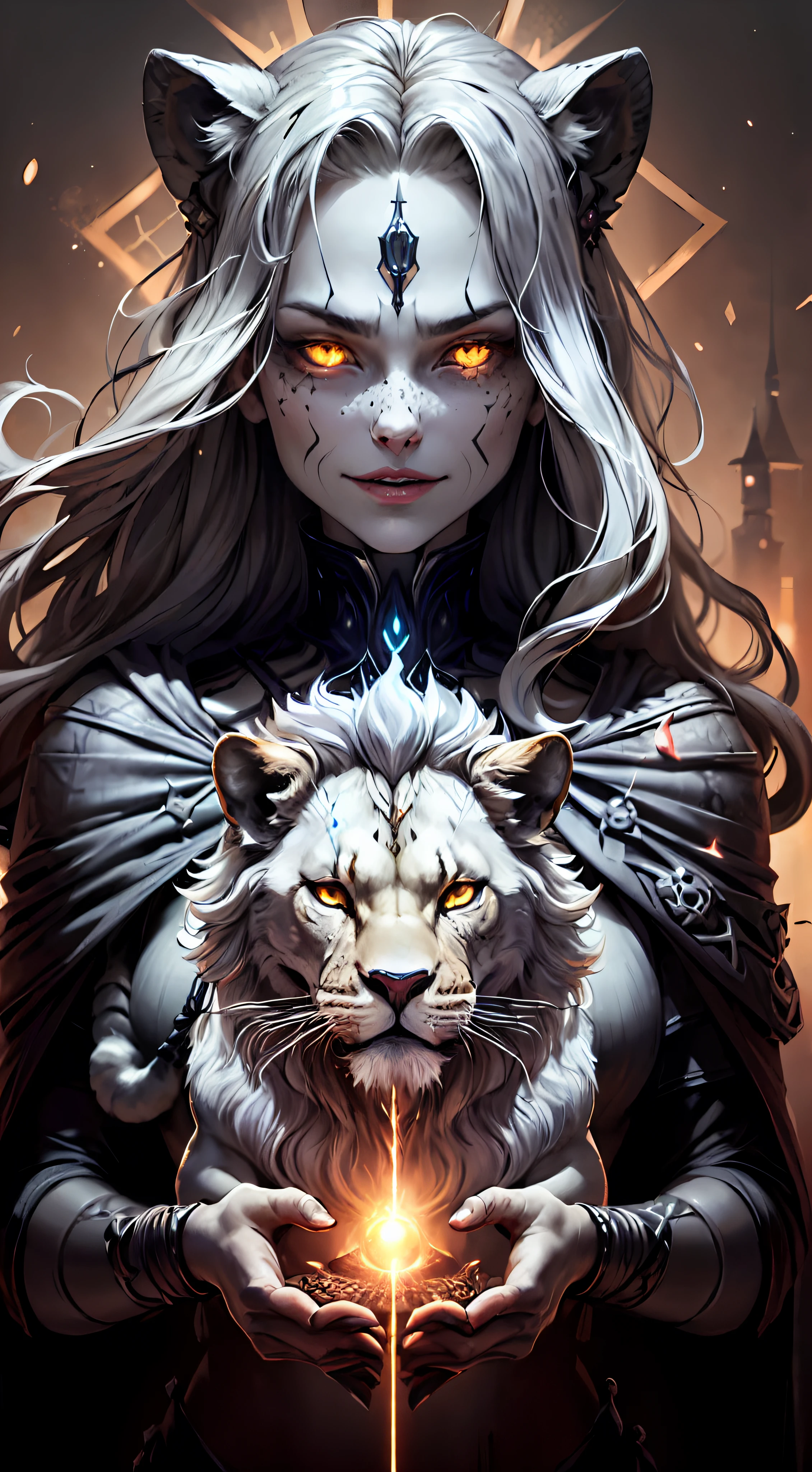 Magic, Leo, zodiac sign, forest, castle, adult (elven:0.7) woman, lion, freckles, yellow eyes, gray long hair,looking up, detailed background, detailed face, (V0id3nergy, void theme:1.1), (glowing eyes:1.05), dilated pupils, summoner, unholy, intricate necromancer clothes, amulet, conjuring, movement, evil smile, ritual, pentagram, surrounded by dark dark magical inscriptions, red swirling summoning energy,calling forth evil power, tower background, dark glowing aura, ethereal atmosphere, (and a lion next to them), mysterious, brave, powerful, and guardian