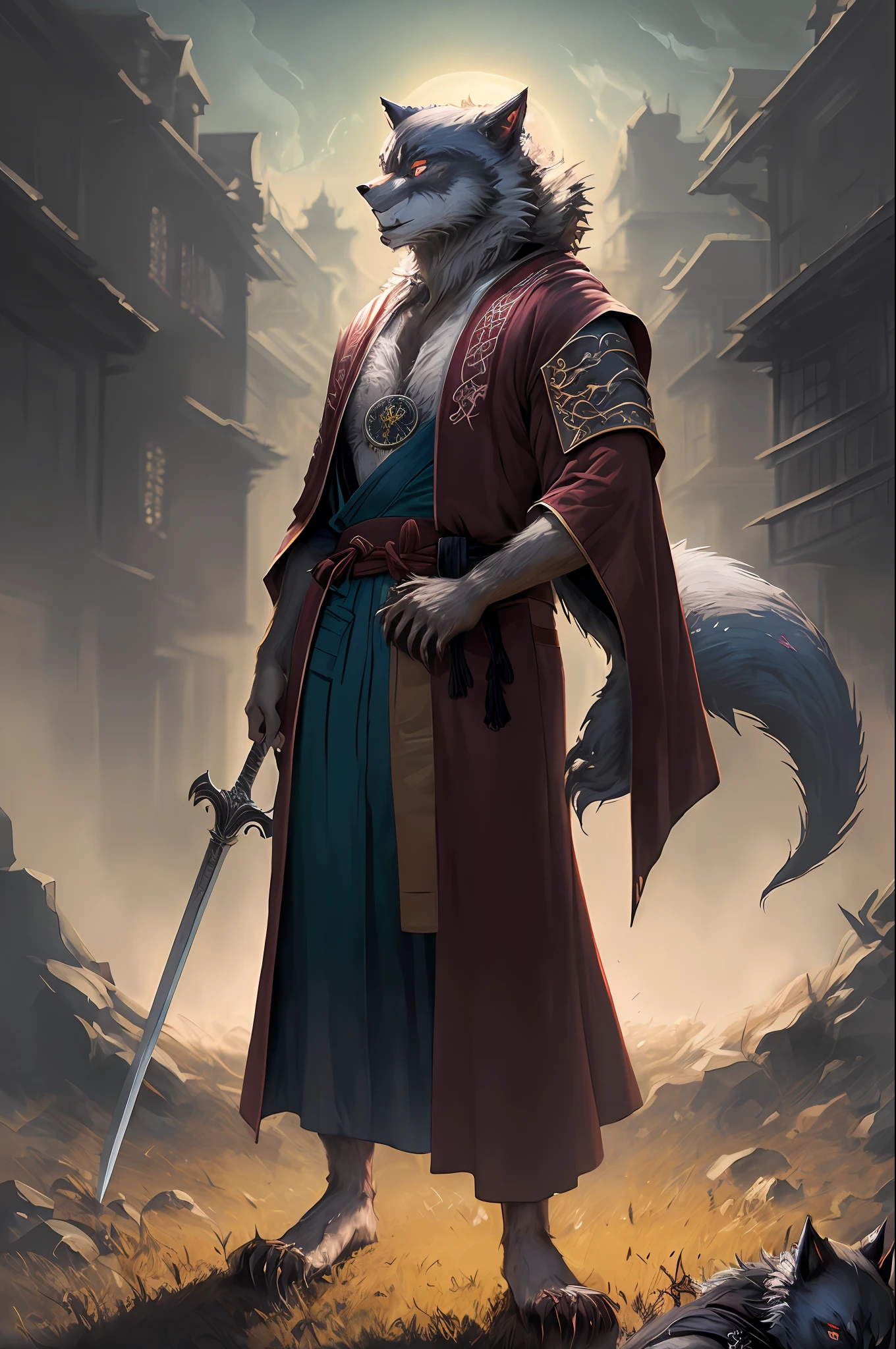 1 girl, adult (pakistani) (werewolf:1.5) female, (samurai), strapping body, (light skin:1.2), amethyst eyes, medium brown cornrows, (infernal robe:1.5), sword and sorcery, hyperborea civilization, polar grassland, Scroll, (masterpiece:1.2) (illustration:1.2) (best quality) (detailed) (intricate) (8k) (HDR) (wallpaper) (cinematic lighting) (sharp focus), intricate, elegant, highly detailed, digital painting, artstation, concept art, smooth, sharp focus, illustration, unity asset store, full body shot, (fantasy portraits, rpg portraits), (professional majestic oil painting by fantasy art book illustrators, volumetric lighting:1.3), Intricate, High Detail, dramatic, Good Anatomy, Good proportions, Subsurface Scattering, Award Winning, Masterwork, Masterpiece