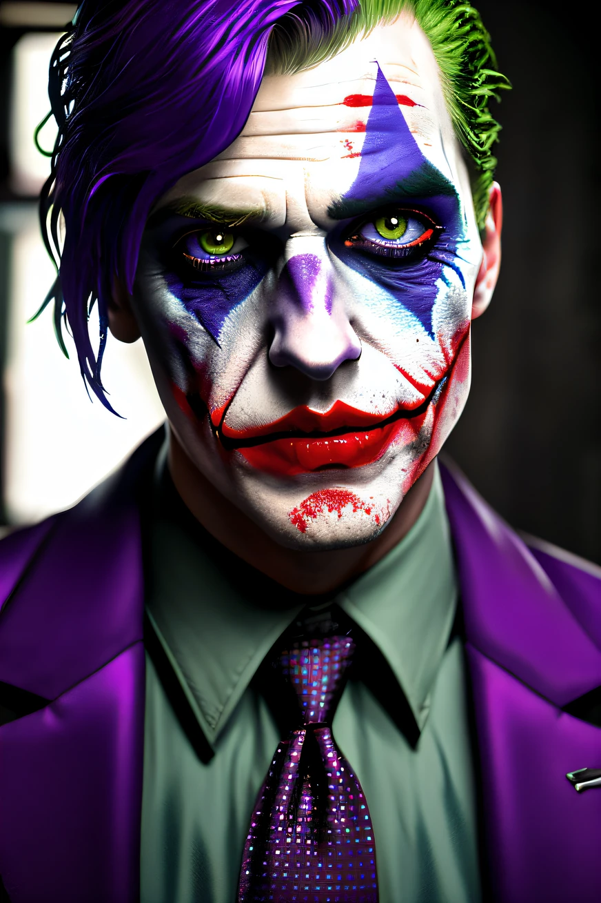 dark and gloomy full body 8k fish eye lens photo, The Joker , wearing broken purple suit, at cluttered and messy insane asylum , bloddy, tattered torn shirt, skin pores, detailed intricate iris, very dark lighting, heavy shadows, detailed, detailed face, (vibrant, photo realistic, realistic, dramatic, dark, sharp focus, 8k)