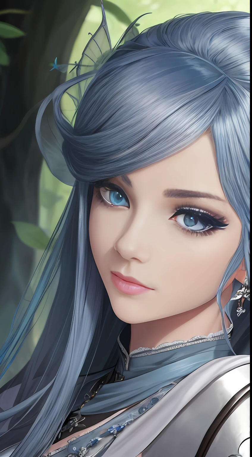 gray pupil，Gray over-the-shoulder hair，Ultimate facial features，Lady Lady，extremely beautiful，Quiet，ellegance，Pick and dye a pinch of blue hair，Lazy demeanor，faeries --auto