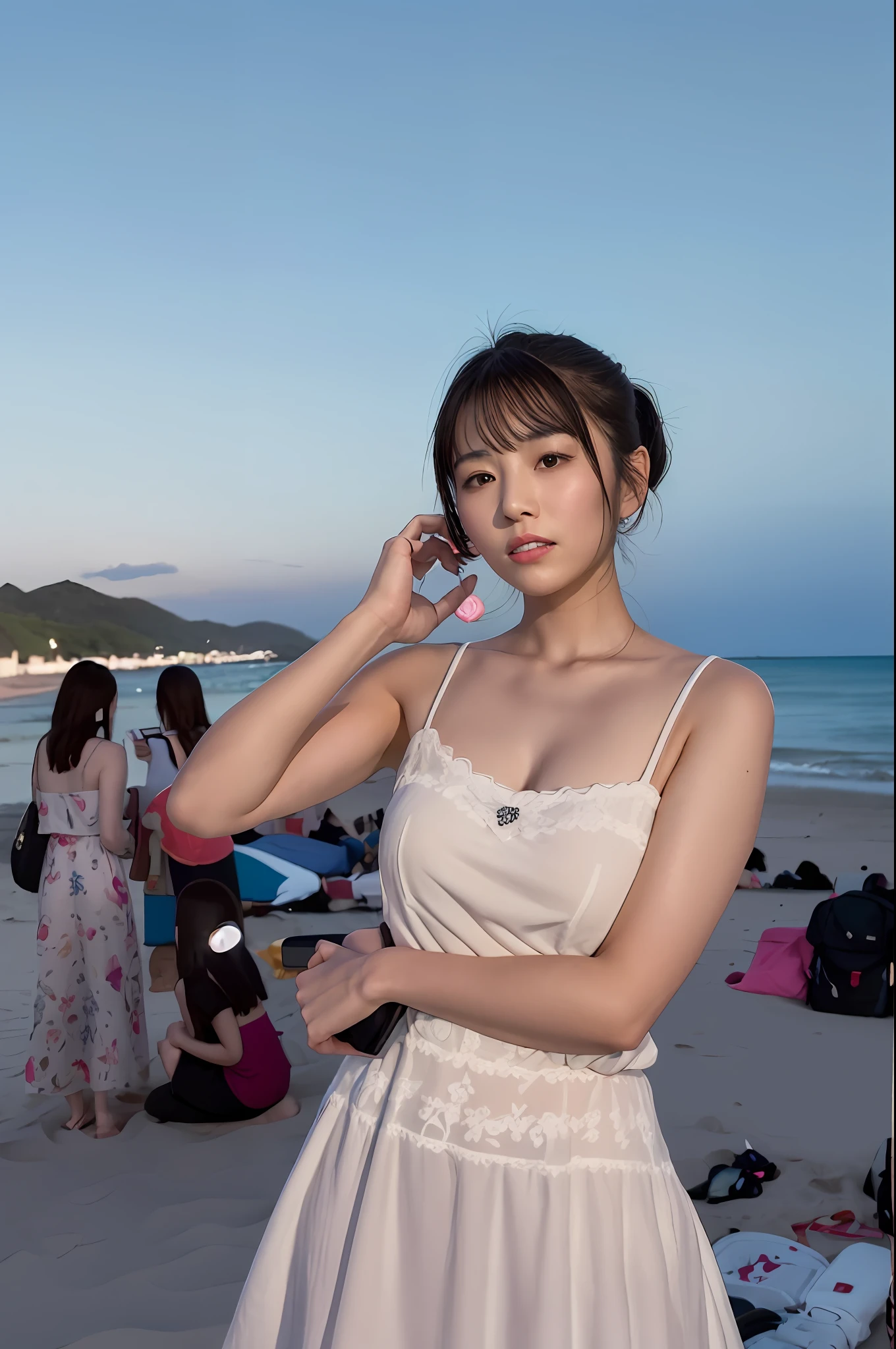 There is a woman standing on the beach comparing loving hands, Kizi, , a cute young woman, A young Asian woman, With sunset, xintong chen, Ruan cute vtuber, 🤤 girl portrait, Chinese girl, wearing a cute white dress, personal profile picture, wearing white camisole, 8k selfie photograph