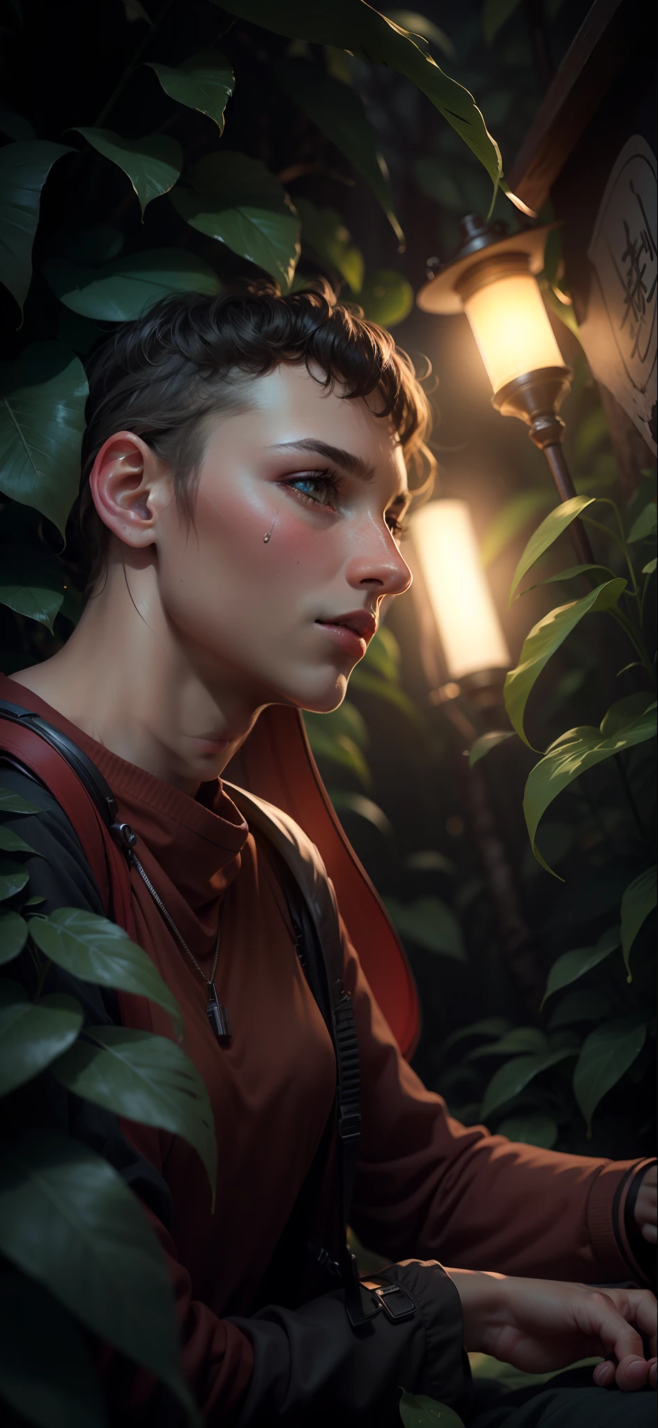 Masterpiece,Walks Through the Jungle (Night of Fireflies), (High Detail: 1 1), Rough Face, Natural Skin, High Quality, NSFW, Beautiful Eyes, (Detailed Face and Eyes), (Face :1 2), noise, extra, real photo, PSD, light film photography, sharp focus, contrast lighting, detailed skin, high resolution 8k, crazy detail, realistic, professional photography, 8k UHD, DSLR, soft light , high quality, film grain, Fujifilm XT3