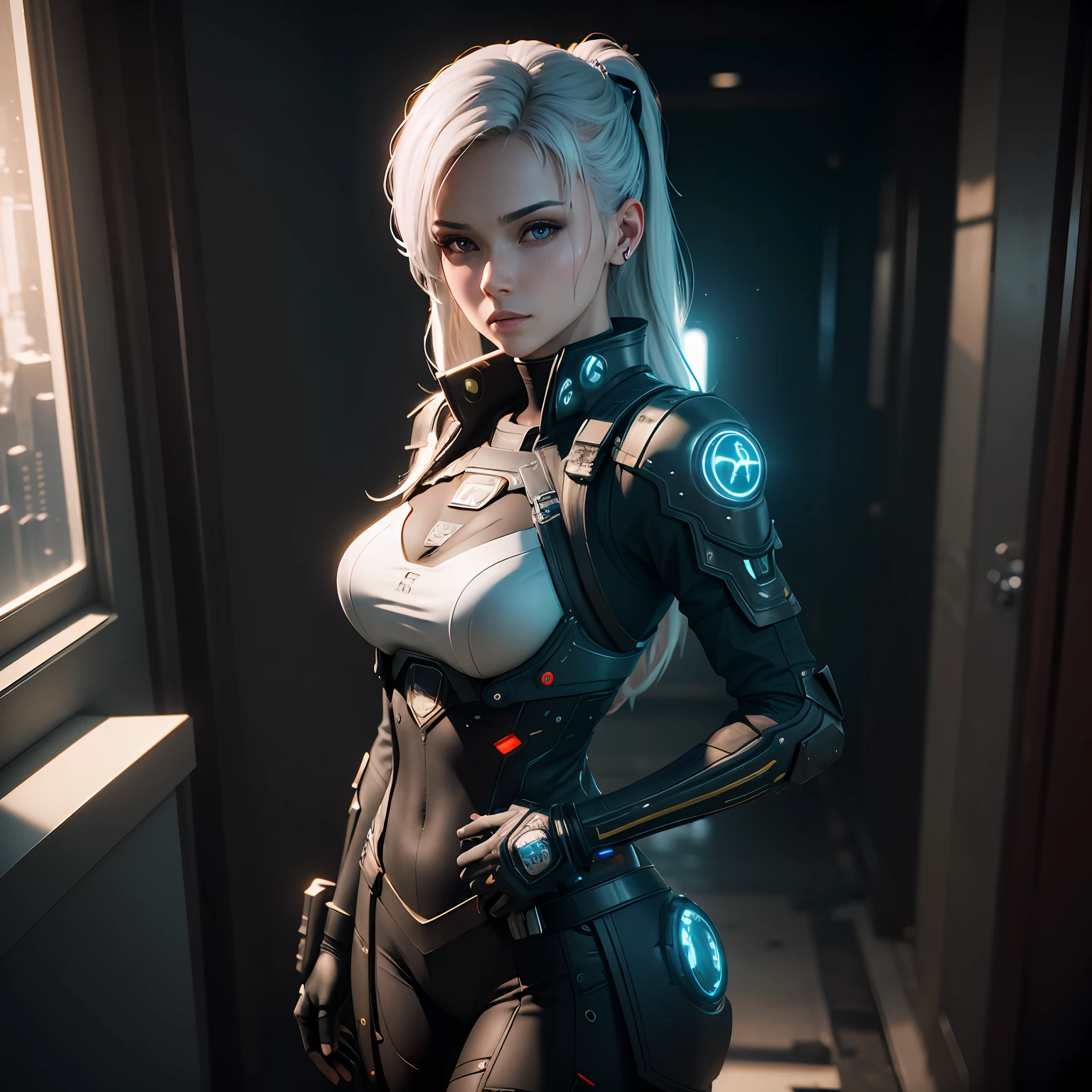 ((Best quality)), ((masterpiece)), (detailed:1.4), 3D, an image of a beautiful cyberpunk female,HDR (High Dynamic Range),Ray Tracing,NVIDIA RTX,Super-Resolution,Unreal 5,Subsurface scattering,PBR Texturing,Post-processing,Anisotropic Filtering,Depth-of-field,Maximum clarity and sharpness,Multi-layered textures,Albedo and Specular maps,Surface shading,Accurate simulation of light-material interaction,Perfect proportions,Octane Render,Two-tone lighting,Wide aperture,Low ISO,White balance,Rule of thirds,8K RAW, --auto
