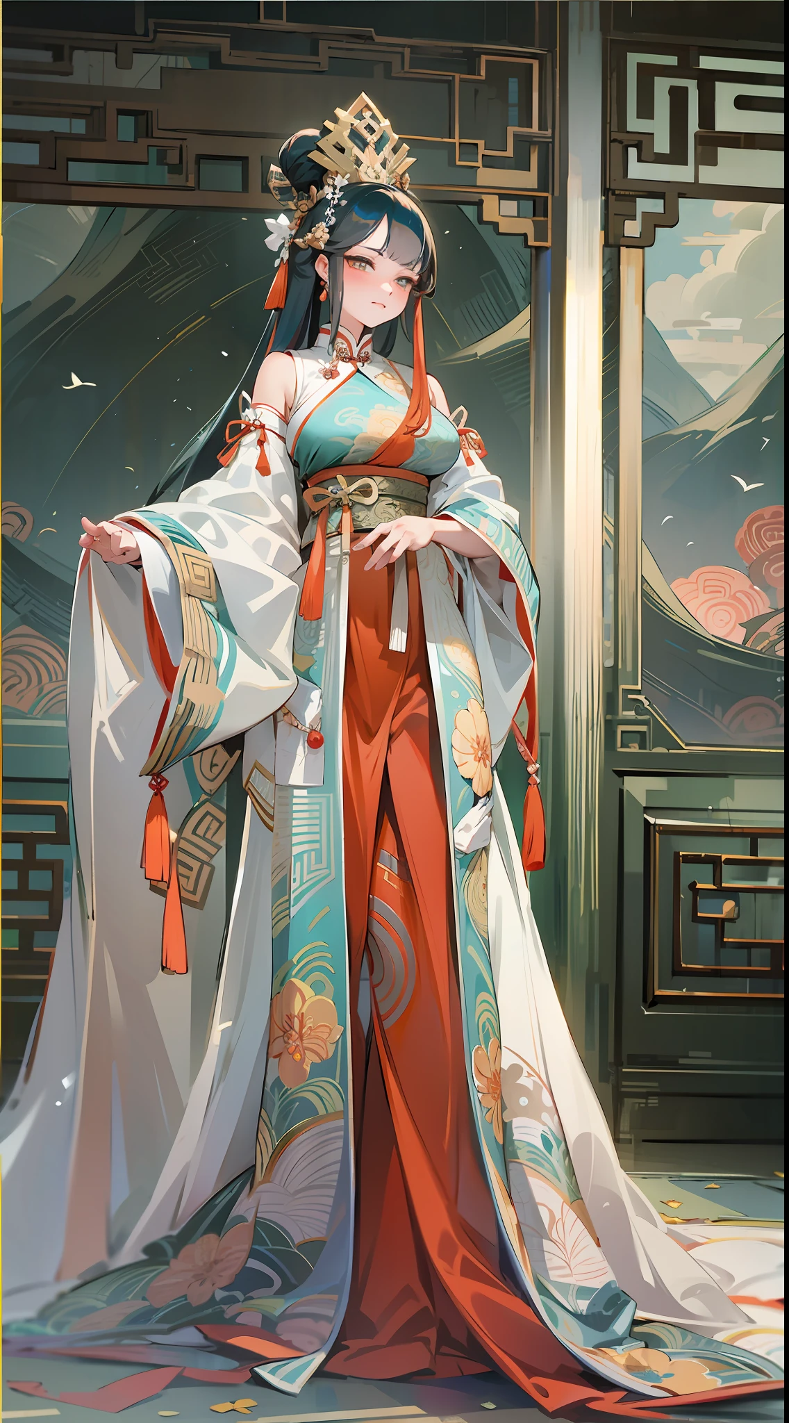 Fine，tmasterpiece，filigree，Limb proportions，Beutiful women，Wearing ancient Chinese costumes，boobgasm，His expression was gloomy，Scene Royal Palace，，empress，A princess，Ancient Chinese costumes are the main body