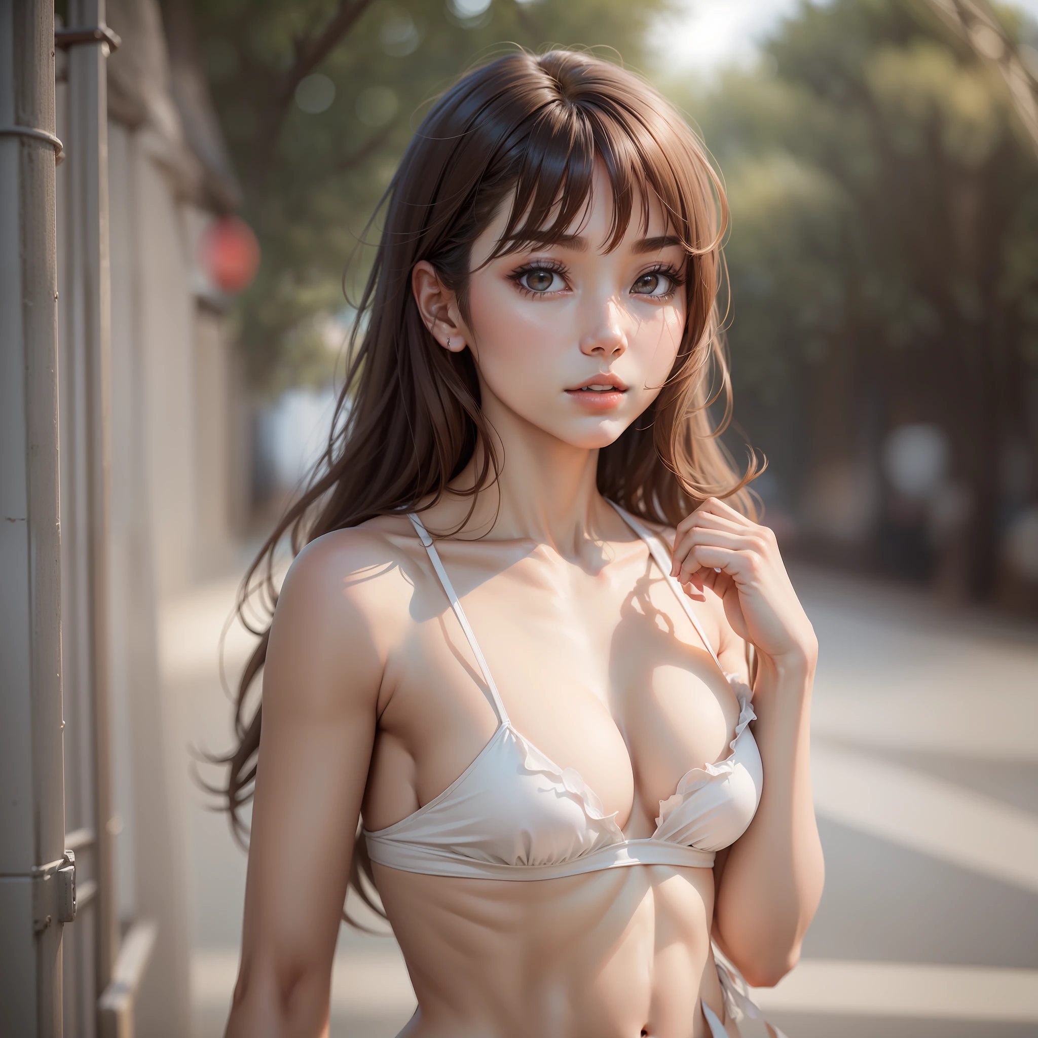 ((Best Quality, 8k, Masterpiece: 1.3)), Full Body, (Best Quality, Masterpiece: 1.2)), Cute Japan Woman Pictures, 1 Girl, 25 Years Old Beautiful Japan Girl, ((White Tube Top Bikini: 8.5)), (Full Body Photography), Full Body Portrait, Very Delicate Body, Small Breasts, ((Thin Waist: 5.5)), (Slender Abs: 3.5), (Small), (Female 160 cm), Focus Sharp: 1.2, Style Outstanding Beauties: 1.4, Slender Abs: 1.2, ((Brown Hair, Big: 1.2)), Black Tank Top, Highly Detailed Face and Skin Texture, Detailed Eyes, Double Eyelids, Outdoor, Full Body Portrait, Hair Fluttering in the Wind, Bangs,
