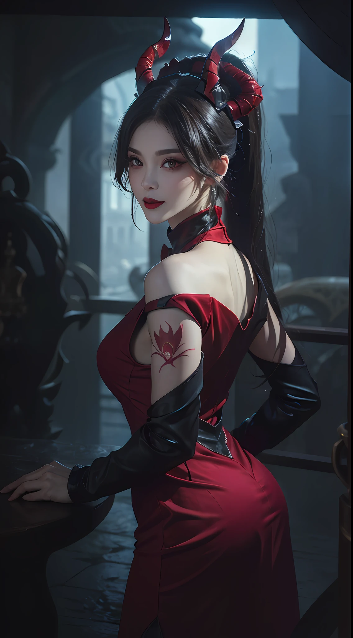 1 beautiful devil woman from hell, In the Dark: 1.6), surreal female portrait by David Hockney and Alphonse Mucha, fantasy art, korea doll, photorealism, dynamic lighting, artstation, poster, volumetric lighting, very detailed faces, 8k ultra, Awarded, in the dark, deep shadow, low key, cowboy lens, (Red phoenix dress: 1.4), long hair, black hair, bust, luxurious palace, Royal style, devil crown, red eyes make up very sharp and detailed, The most beautiful face, The breasts are very big and round and round, Super realistic, chinese women's clothing, polo neck sweater, Charming smile, The eyes are very well made up, guweiz, devil style, wearing black mesh socks, Ponytail with a bow tied at the back of the hair, Red black lips, Devil tattoo on shoulder, wearing a thin red and black robe, the landscape is overcast and thunderous, (Portrait), Close-up of the main character, (Background details 1.8),