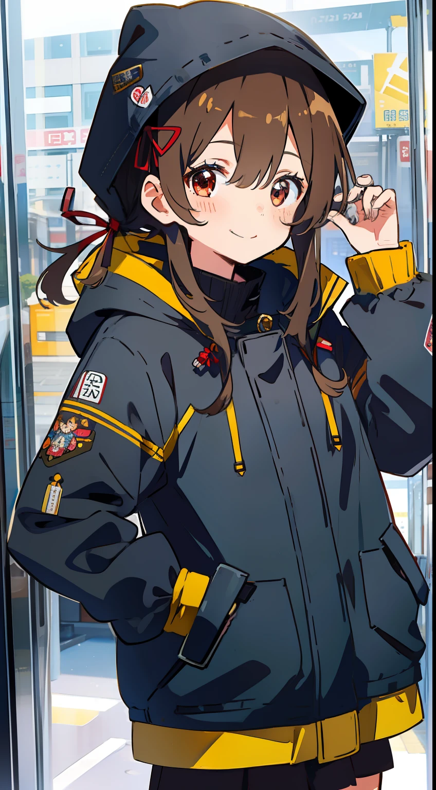One girl、Brown hair、masterpiece、Top image quality、top-quality、cute little、One knot、Gacha Character、smil、parka、bow ribbon