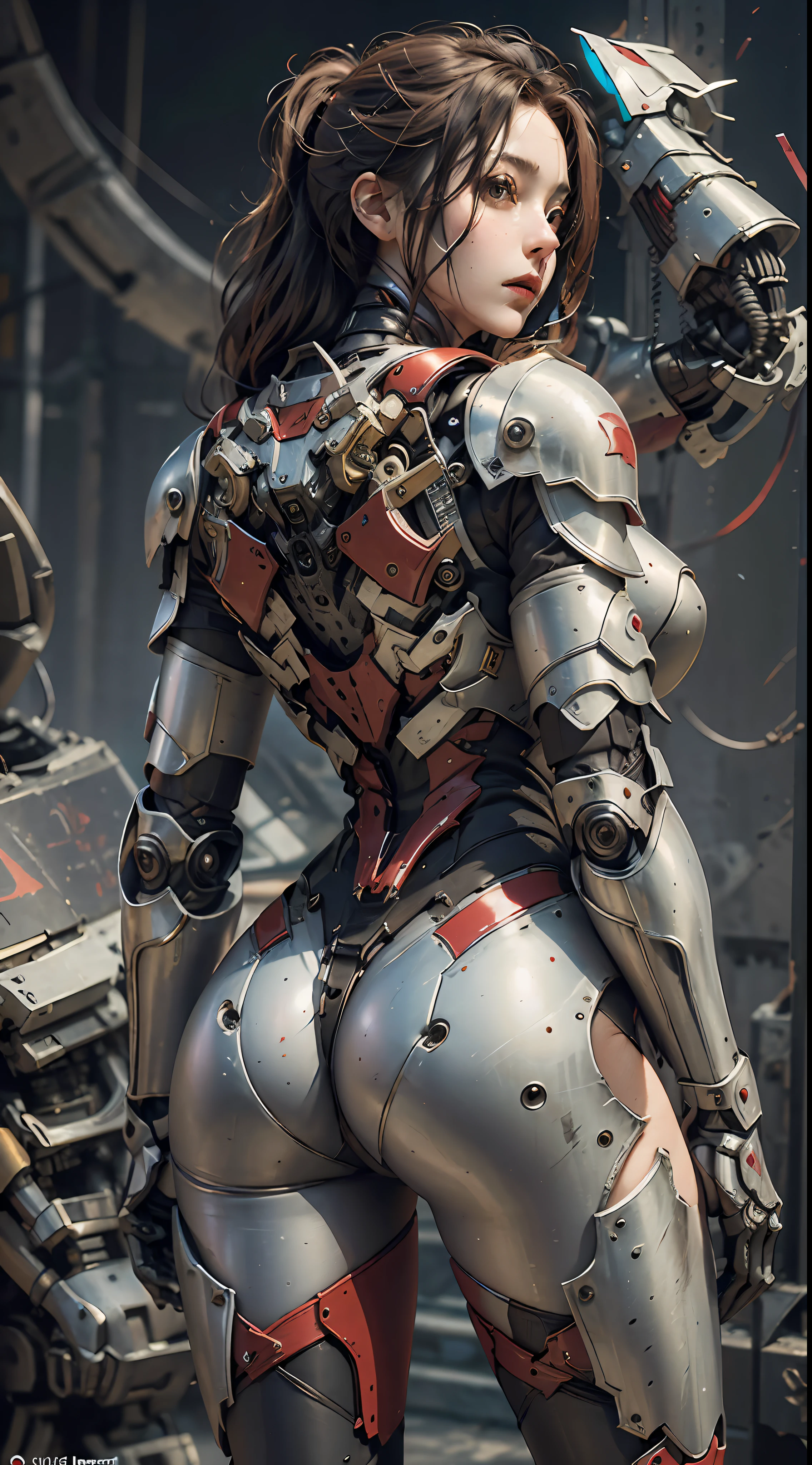 (Masterpiece), (Best quality), Photorealism, Realistic, Ultra detailed, Perfect face, Perfect body, 1girll, Beautiful girl, Girl in red armor, Mechanical armor, exoskeleton, Stand, Cool pose, Sexy, Watching from behind