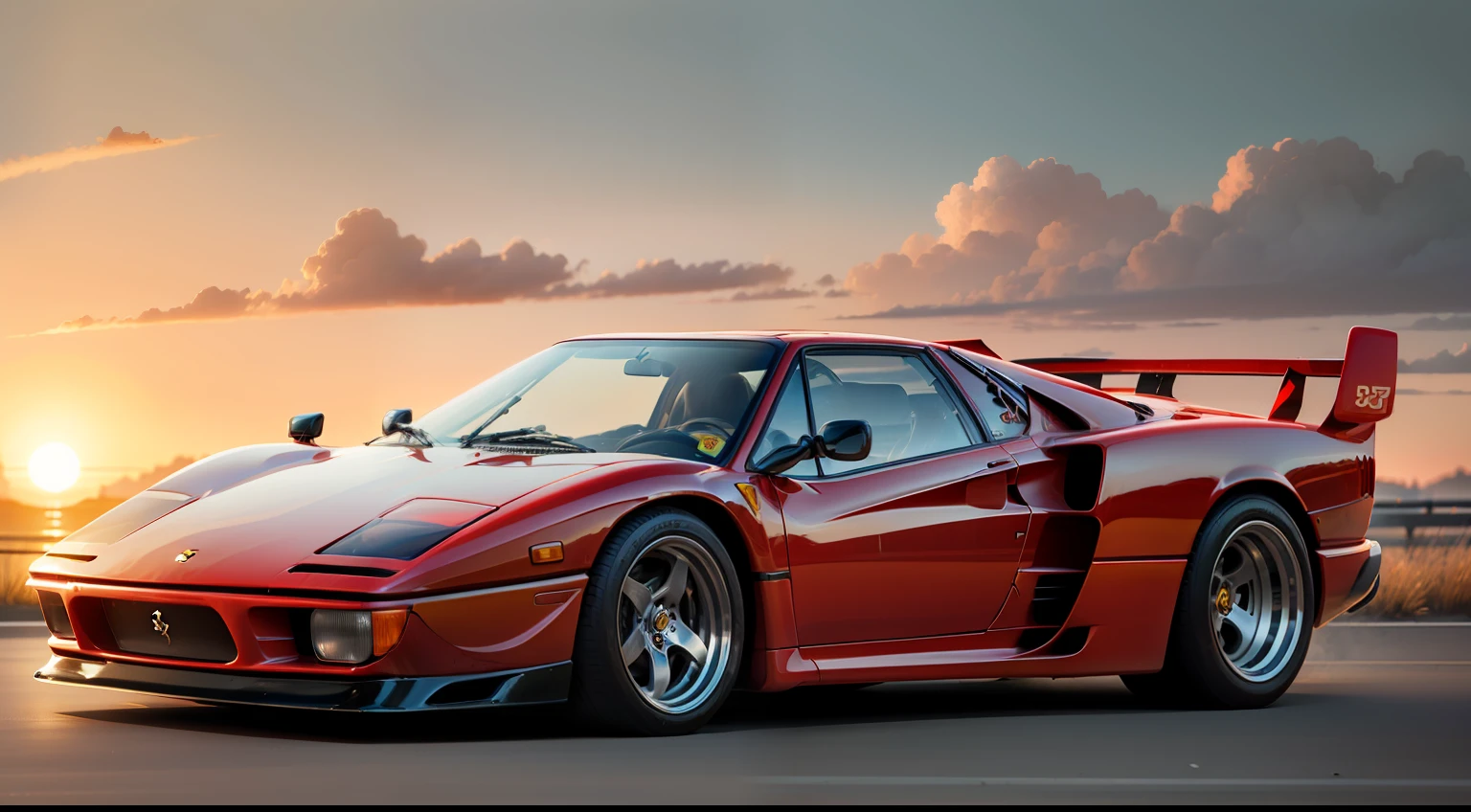 A red Ferrari F40 drives elegantly across an endless road into the sunset. Die Abendsonne taucht die Umgebung in warmes Licht, while the driver has a firm grip on the steering wheel. Die Szene strahlt Geschwindigkeit, elegance and tranquility and shows the beauty of the moment.