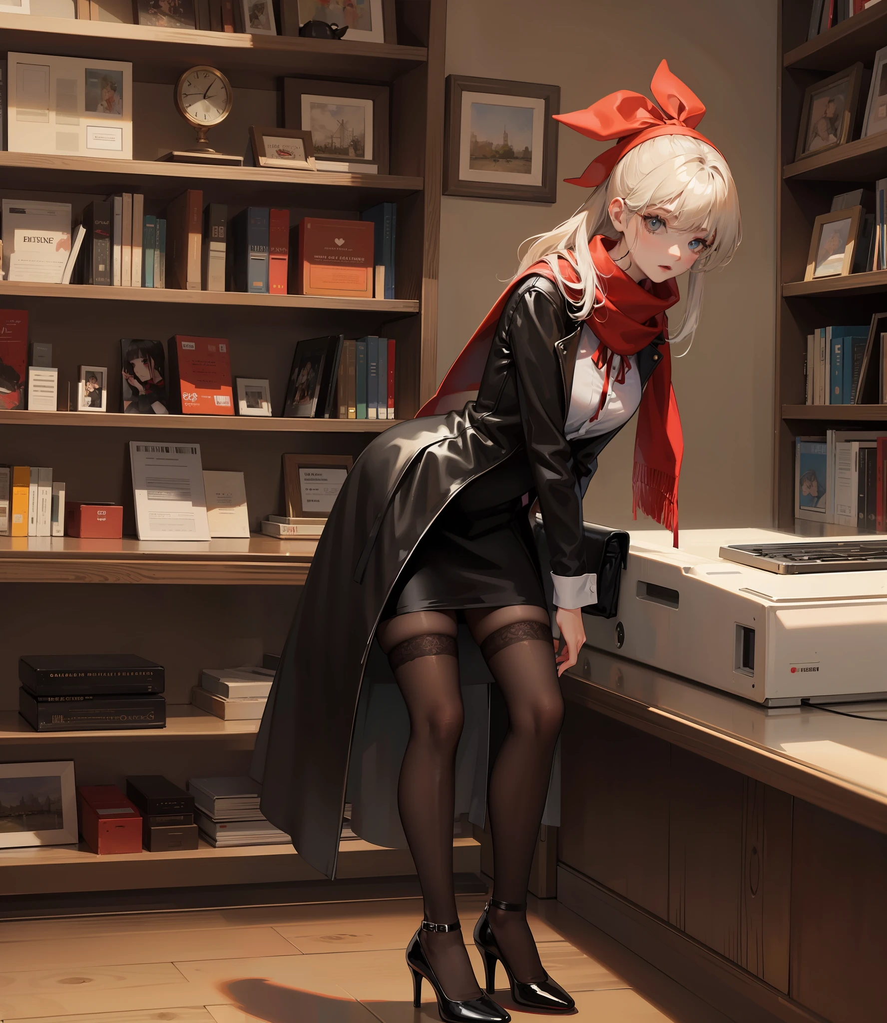Red ribbon.black leather clothes,short skirt,black lence stockings,White dress shirt,Red scarf,Full body like,black heels