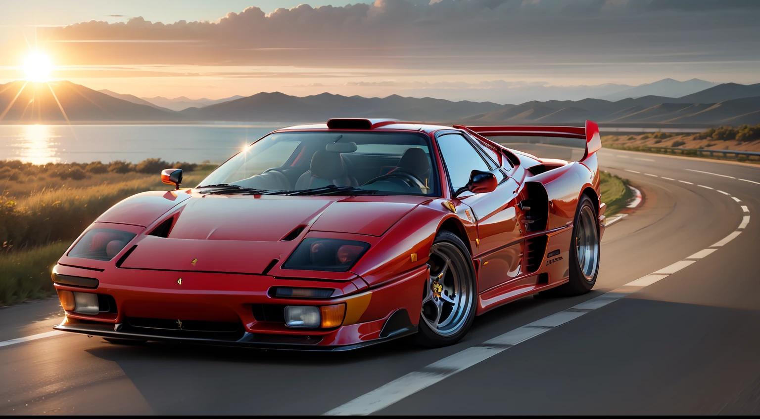 A red Ferrari F40 drives elegantly across an endless road into the sunset. Die Abendsonne taucht die Umgebung in warmes Licht, while the driver has a firm grip on the steering wheel. Die Szene strahlt Geschwindigkeit, elegance and tranquility and shows the beauty of the moment.