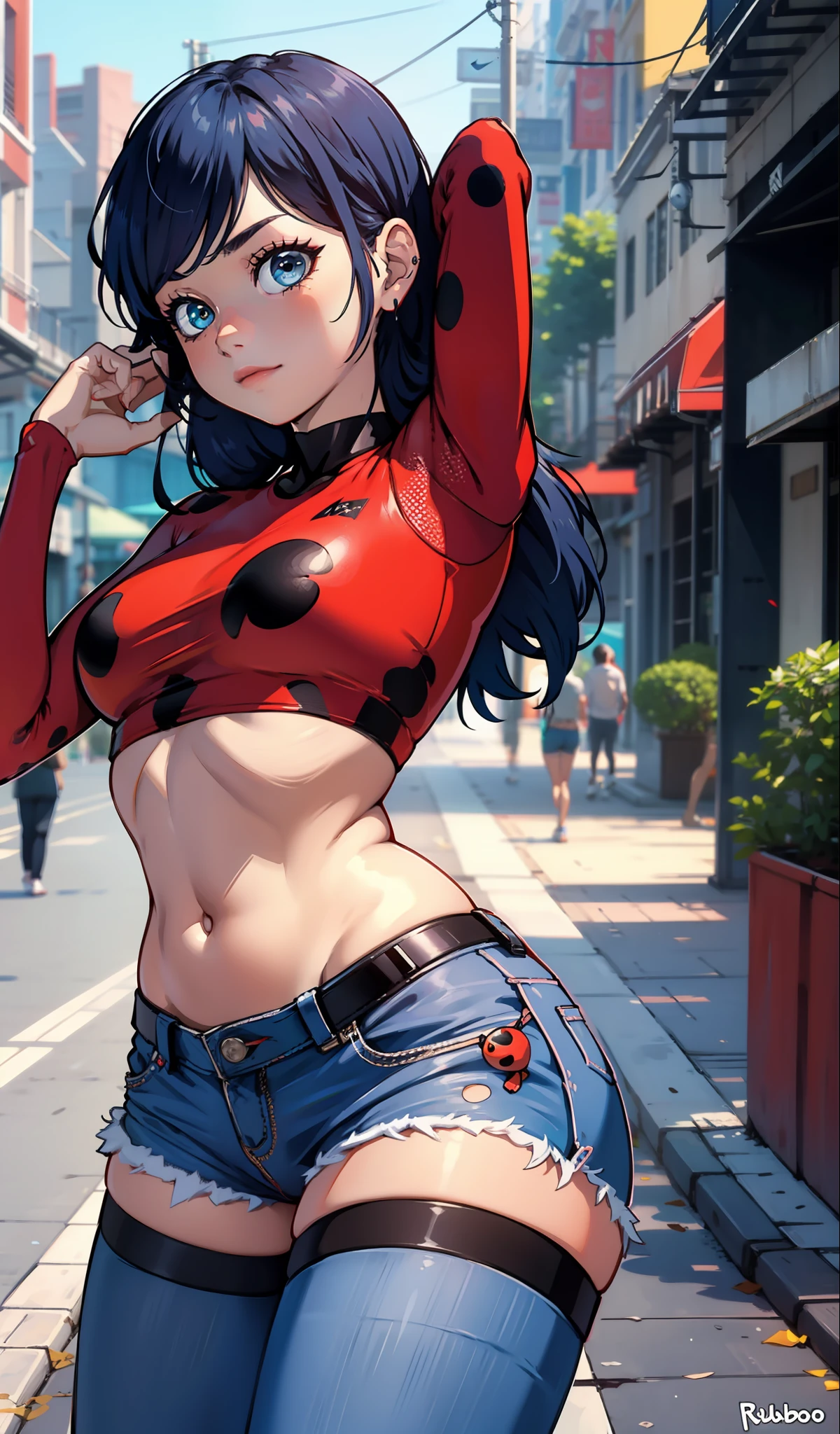 Ladybug, muito sensual, com roupas de funkeira, brasileira, na cidade do rio de janeiro, Brasil, dancing funk, rebolando, bunda grande, pernas grossas, usando um short jeans extremamente curto, showing a piece of ass, Micro Short Curto,  usando uma mini blusa, umbigo com pirsing, sneakers Nike, cabelo comprido, Speaker behind, corpo inteiro, muito realista, extremamente Realista, extremamente sexy, 8k, 8k extremamente detalhado), (um extremamente delicado e bonito), (obra-prima), (melhor qualidade: 1.0), (ultra highres:1.0)