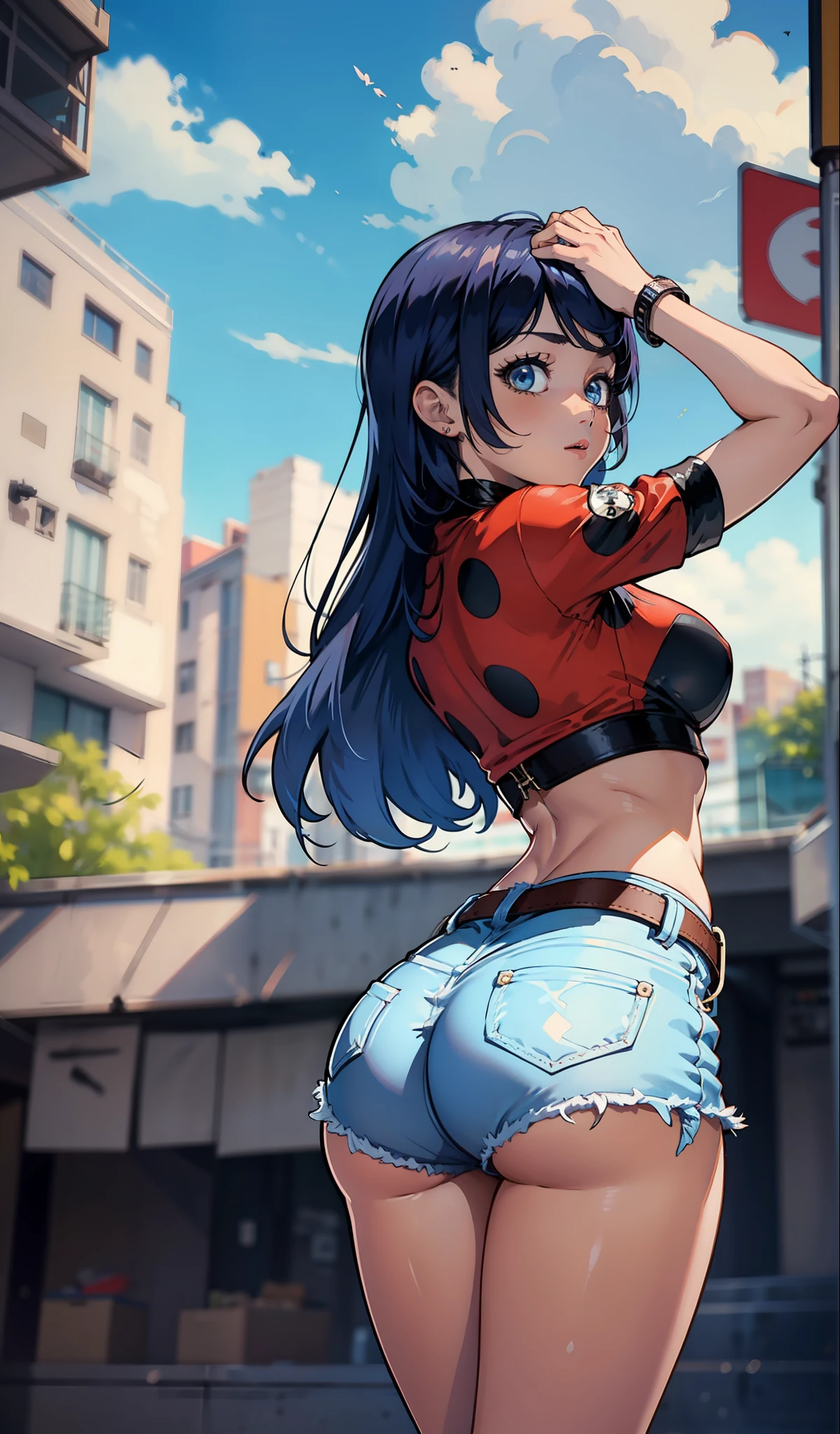 Ladybug, muito sensual, com roupas de funkeira, brasileira, na cidade do rio de janeiro, Brasil, dancing funk, rebolando, bunda grande, pernas grossas, usando um short jeans extremamente curto, showing a piece of ass, Micro Short Curto,  usando uma mini blusa, umbigo com pirsing, sneakers Nike, cabelo comprido, Speaker behind, corpo inteiro, muito realista, extremamente Realista, extremamente sexy, 8k, 8k extremamente detalhado), (um extremamente delicado e bonito), (obra-prima), (melhor qualidade: 1.0), (ultra highres:1.0)