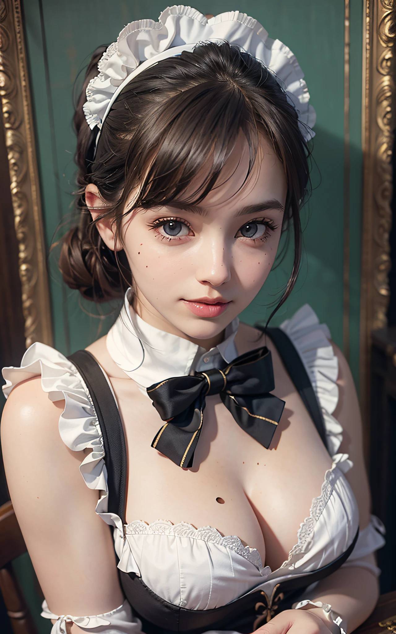 (8K, Raw photo, Best Quality, masutepiece:1.2), high-definition RAW color photography, professional photograpy, cowboyshot, (Realistic, photographrealistic:1.37), ((Best Quality)), 24-year-old woman, Cinematic Light, (finerly detailed face:1.2), (masutepiece:1.5), (Best Quality:1.2), (Mole:1), (Smiling:0.9), (Looking at Viewer:1.2), bowtie, (Detailed Maid:1.2), breasts on table, Large breasts