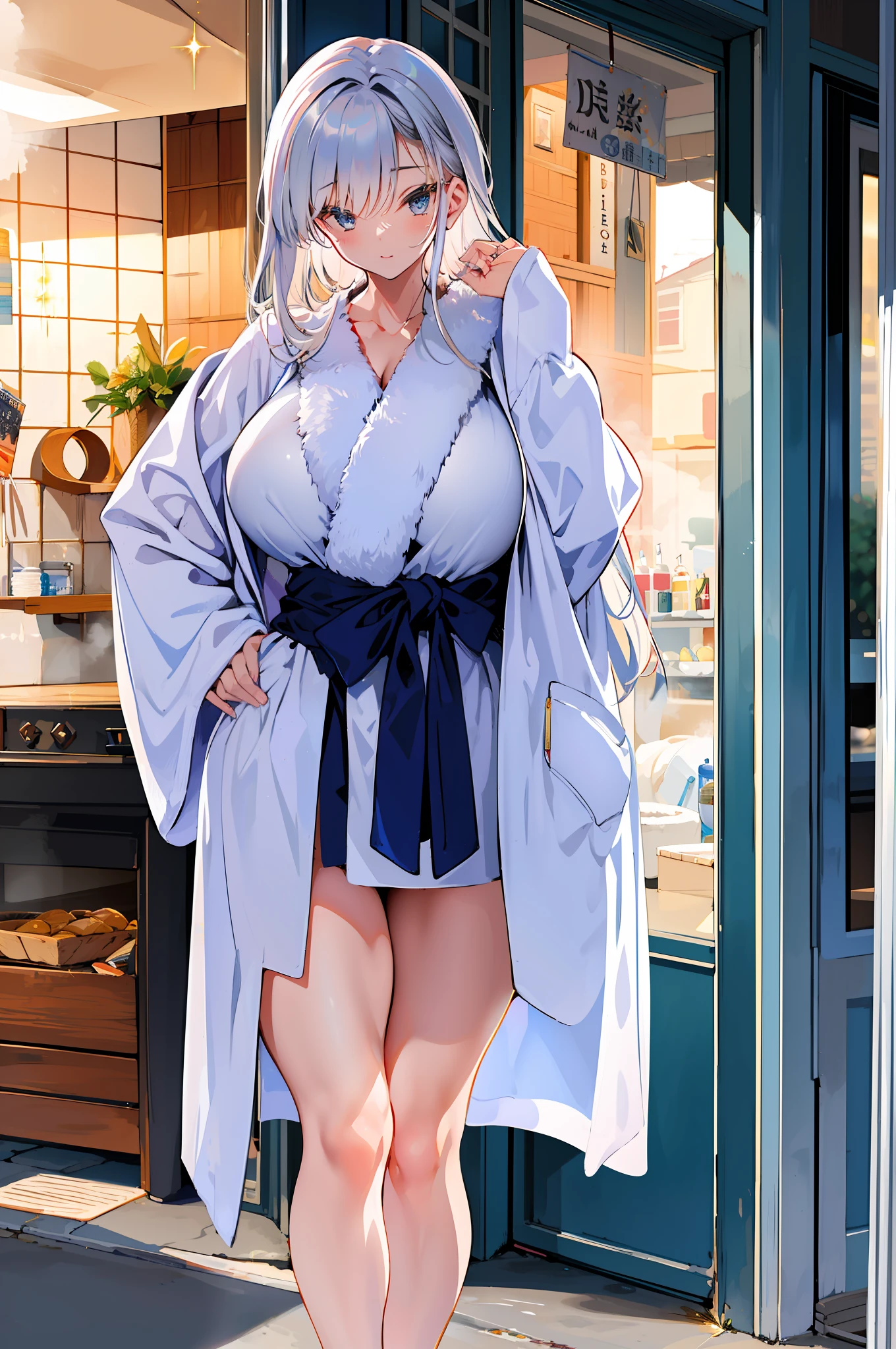 illustratio、(top-quality)、(((​masterpiece)))、(Hi-Res)、Original、(1womanl)、A sexy、Thick、Big body、silber hair,bath robe,outside of house,(sparklers),