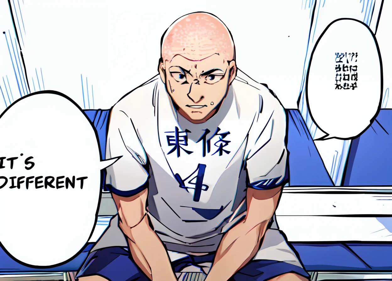 a anime of a man with no hair, bald, sitting, white shirt, sweat, sweatdrop, looking at viewer, text bubble speech, color manga, manga color, color manga, color manga panel, simple background, a white background