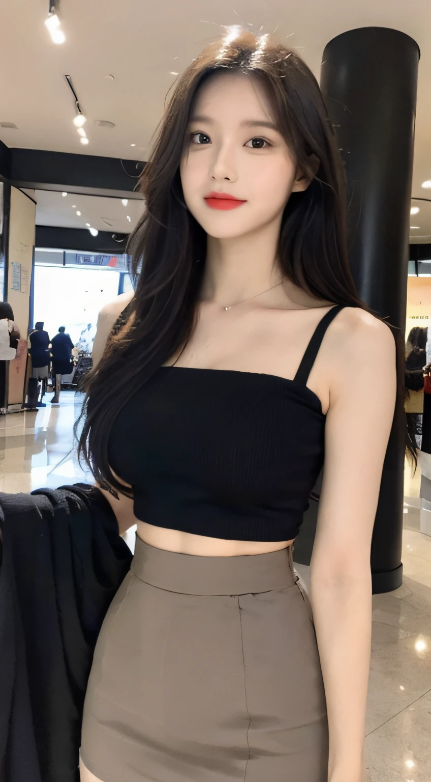 A girl about 22 years old,simplicity,Extremely beautiful and delicate,(light make-up),Black color hair,A sweet smile,Delicate and beautiful fair skin,Realistic and realistic,exquisite and complete facial features,Detailed depiction of the face,tall nose bridge,Red lips,Beautiful, gentle and beautiful girl,Smooth hair,extremely detail hair,Feminine temperament,Fill your face light,hyper realisitc,photorealestic,8K quality,extremy detailed,Realistic details,Works of masters,Realistic to the extreme,big breasts body,Beautiful,Pure desire,Stunning beauty,Peerless beauty,Highest image quality,8K分辨率,goddes,ssmile,Fine facial features,Hair over the shoulder,A brown-haired,Large long thick legs,(((High-waisted French top))),(((short skirt))),rays of sunshine,facing at camera,The body is well-proportioned and firm,Gentle eyes,Exposing thighs,stand posture,Stand inside the mall,Full body photo