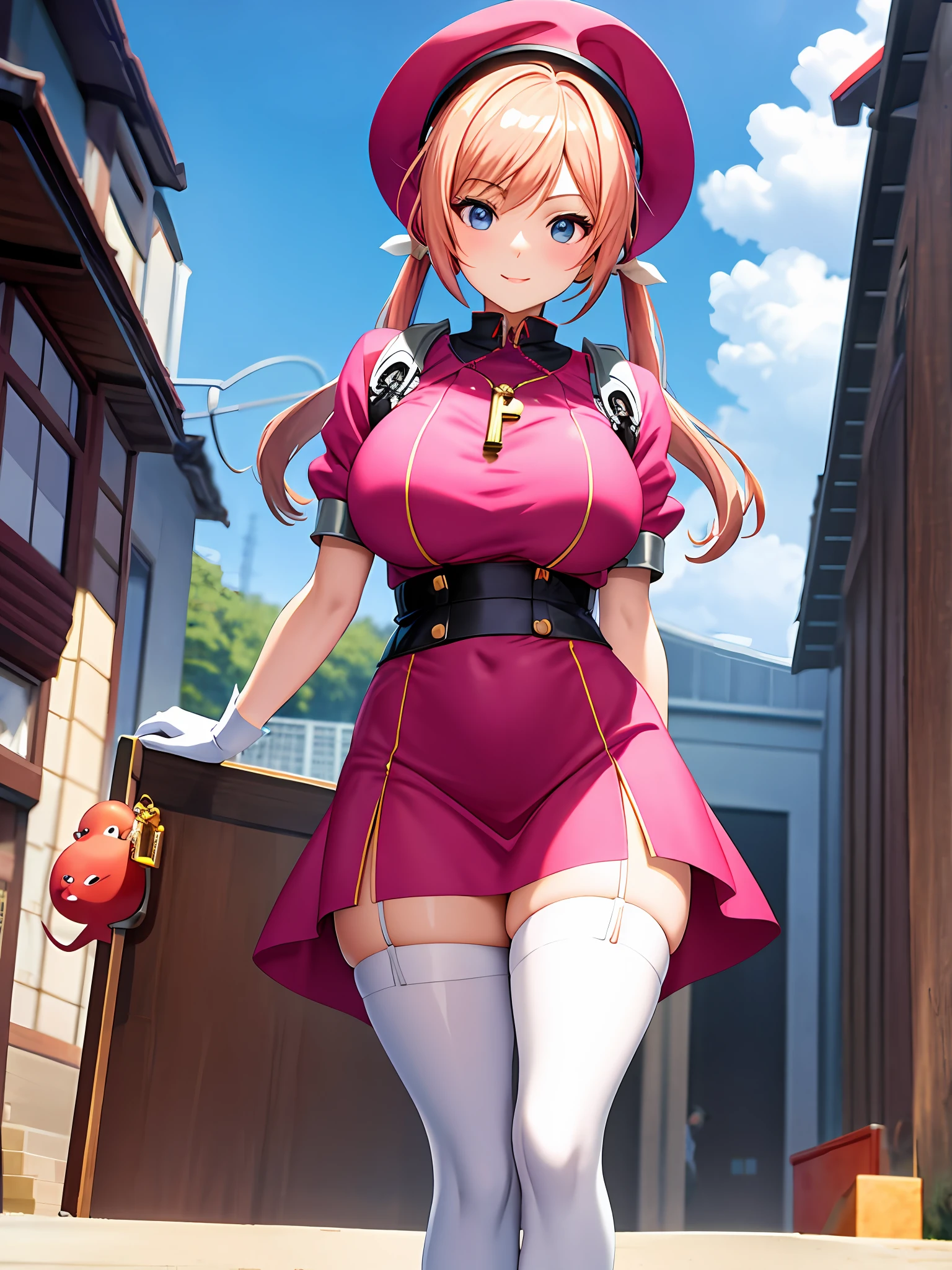 a close up of a person in a dress and a hat, biomechanical oppai, huge tit、Anime Barbie in white stockings, cushart krenz key art feminine, Small curvaceous woman, humanoid pink female squid girl, High school girl in dress, Shoujo Manga Character Design,  twintails white_gloves, Official Character Art