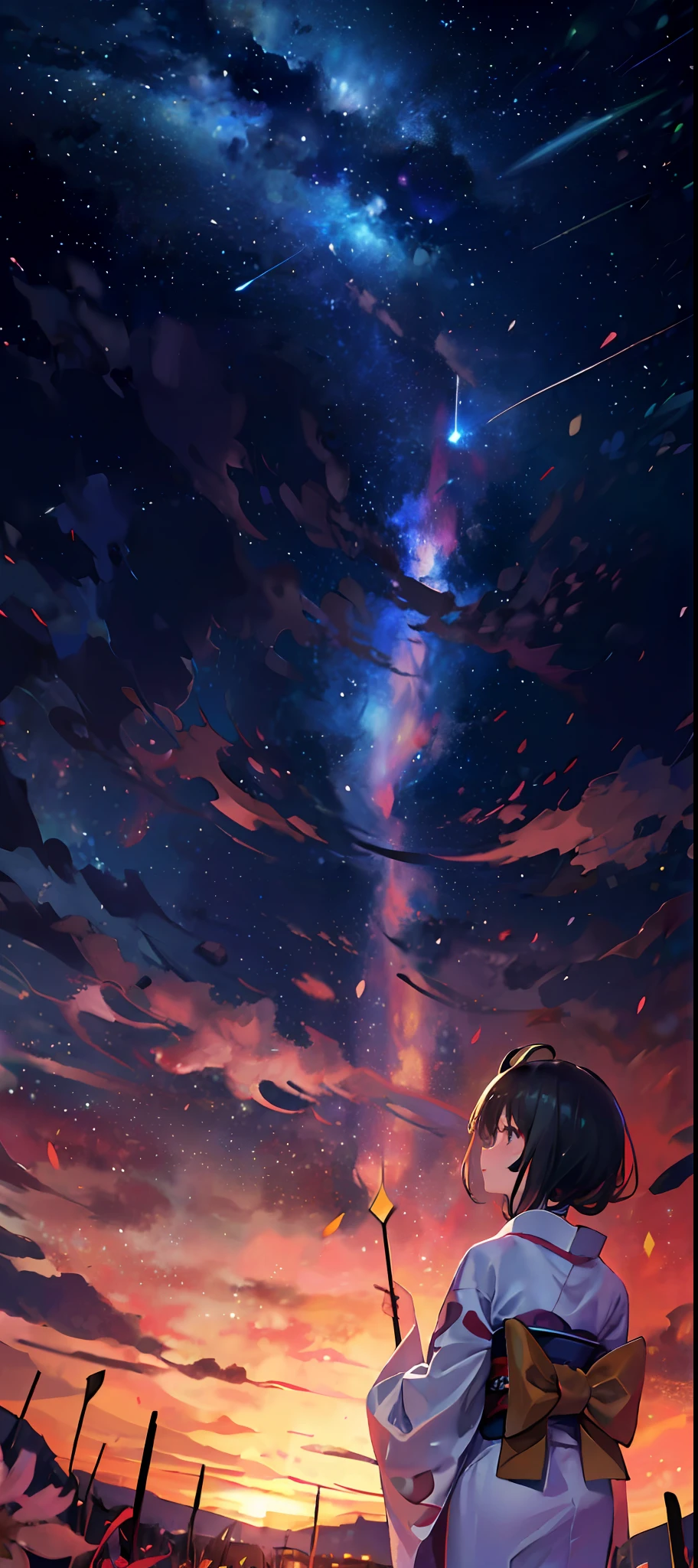 One, distant girl in kimono staring at the stars (reduced: 1.1), (meteor shower: 1.2), (comet: 1.1), your name, low angle, from behind, arrow labrealis shooting star, yukata, red kimono, cherry blossoms, highest quality standing in the field, masterpiece, clouds, colorful, starry sky, stars,