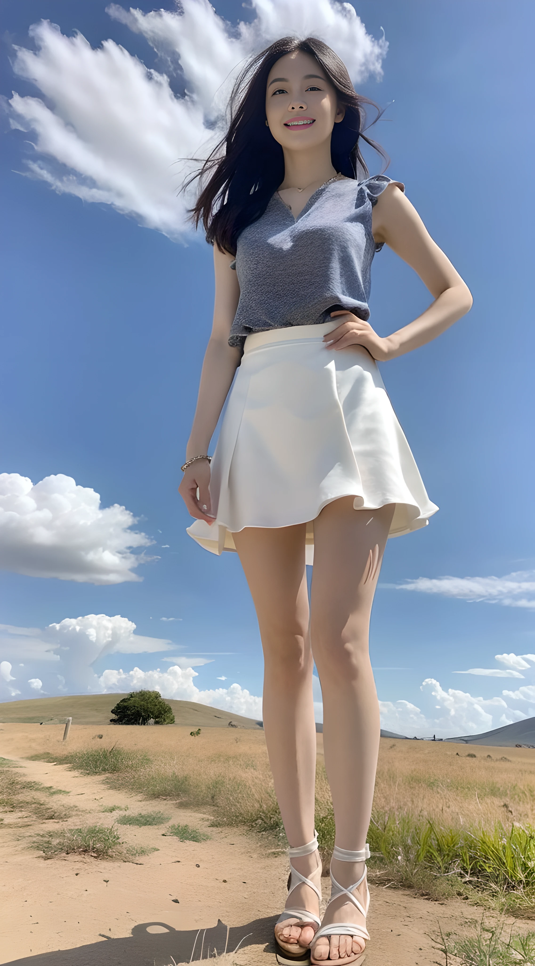 A nice and cute girl,Full body photo,Extremely beautiful and delicate,Black color hair,A sweet smile,Delicate and beautiful fair skin,Realistic and realistic,exquisite and complete facial features,Detailed depiction of the face,tall nose bridge,Smooth hair,extremely detail hair,Feminine temperament,Fill your face light,Tall and tall,Thin,sandals,Realiy,Hyper-realism,full body shot shot,Forward tilt angle,Extreme picture quality,Highest precision,Precise and perfect human anatomy。with blue sky and white clouds,Sitting on the Steppe,(with blue sky and white clouds),rays of sunshine,cattle and sheep,(White chiffon skirt)Panties are clearly visible. telephoto shot,Express the landscape,Highlight portrait。