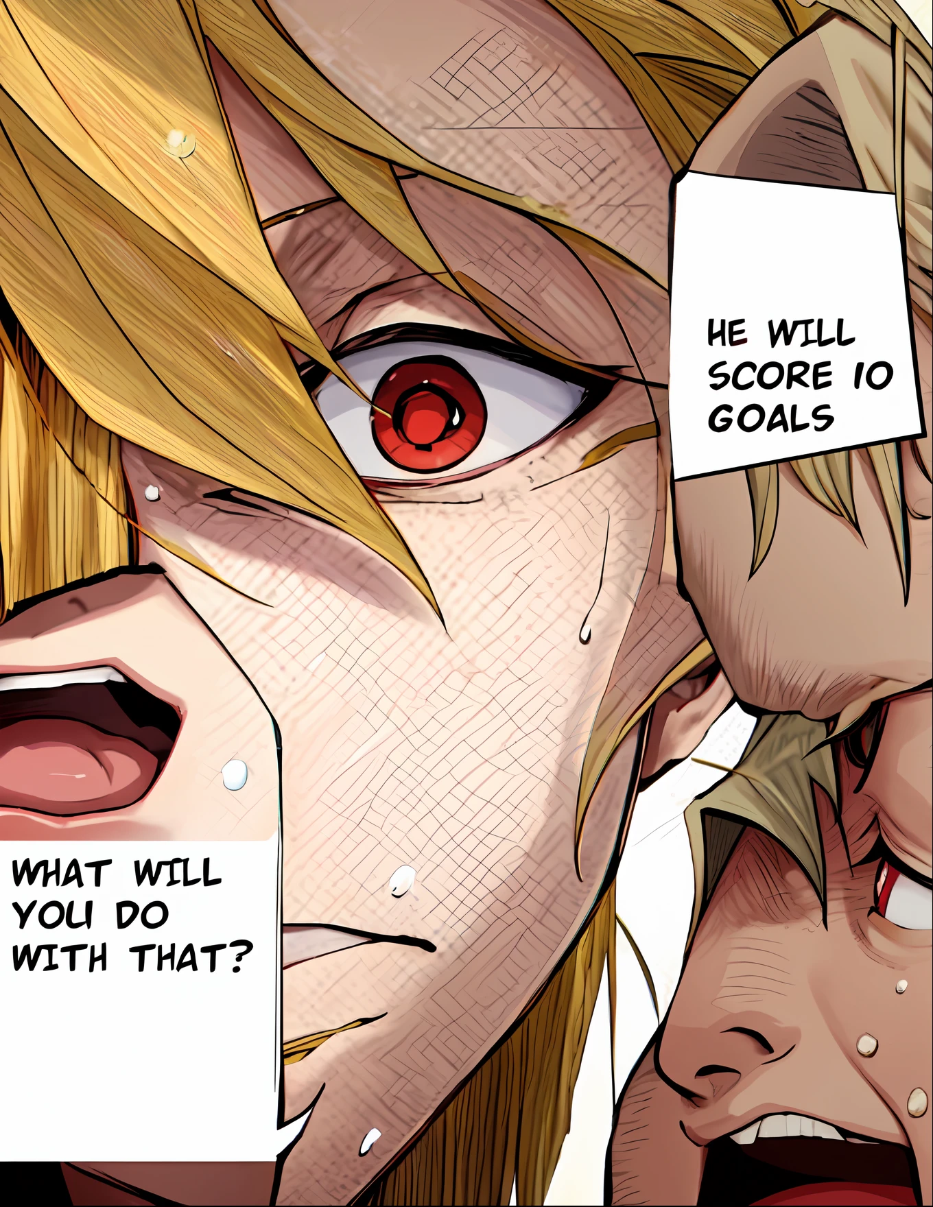 a anime of a man with blonde hair, red eyes, close up face, half face, open mouth, text bubble speech, shocked, sweat, sweatdrop, color manga, manga color, color manga, color manga panel, simple background, a white background
