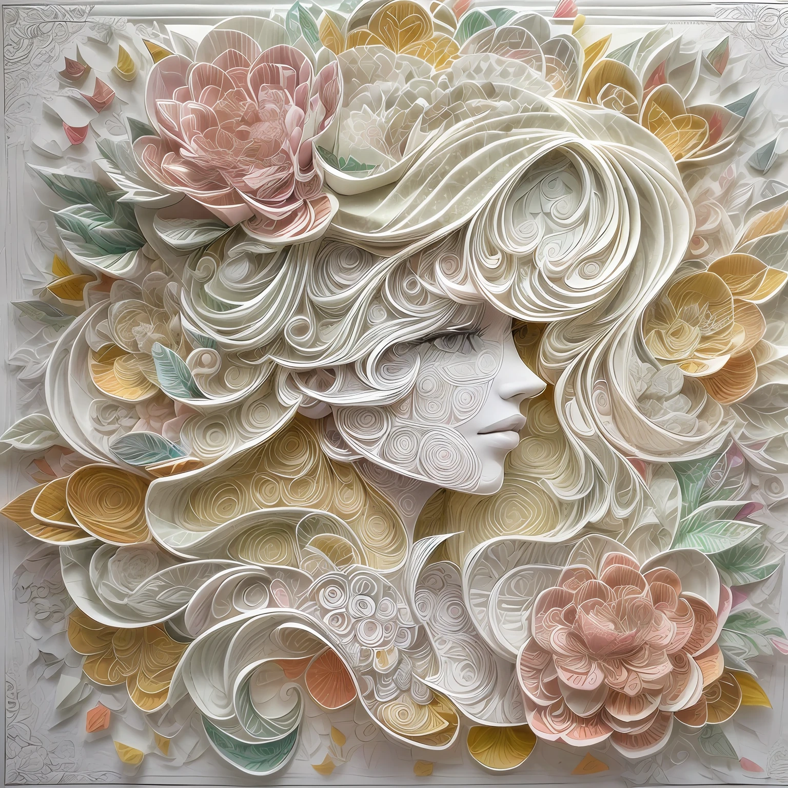 (The silhouette of a beautiful woman,Colorful camellias),White background,(paper art, Quilted paper art, geomerty, zentangle,a 3D render), (extremely colorful, Best quality, Detailed details, Masterpiece, offcial art, movie light effect, 4K)