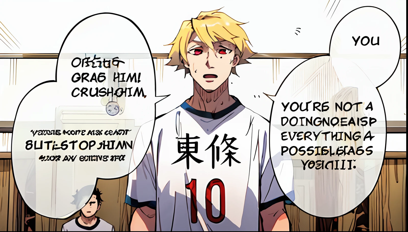a anime of a man with blonde hair, looker room, red eyes, white shirt, sweat, sweatdrop, open mouth, text bubble speech, color manga, manga color, color manga, color manga panel, simple background, a white background