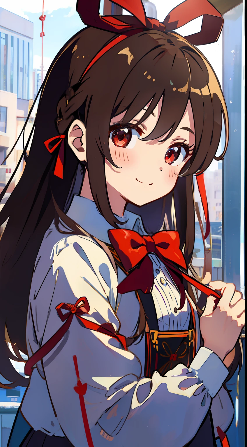 One girl、Brown hair、masterpiece、Top image quality、top-quality、cute little、One knot、Gacha Character、smil、Plain clothe、bow ribbon、Red ribbon on head