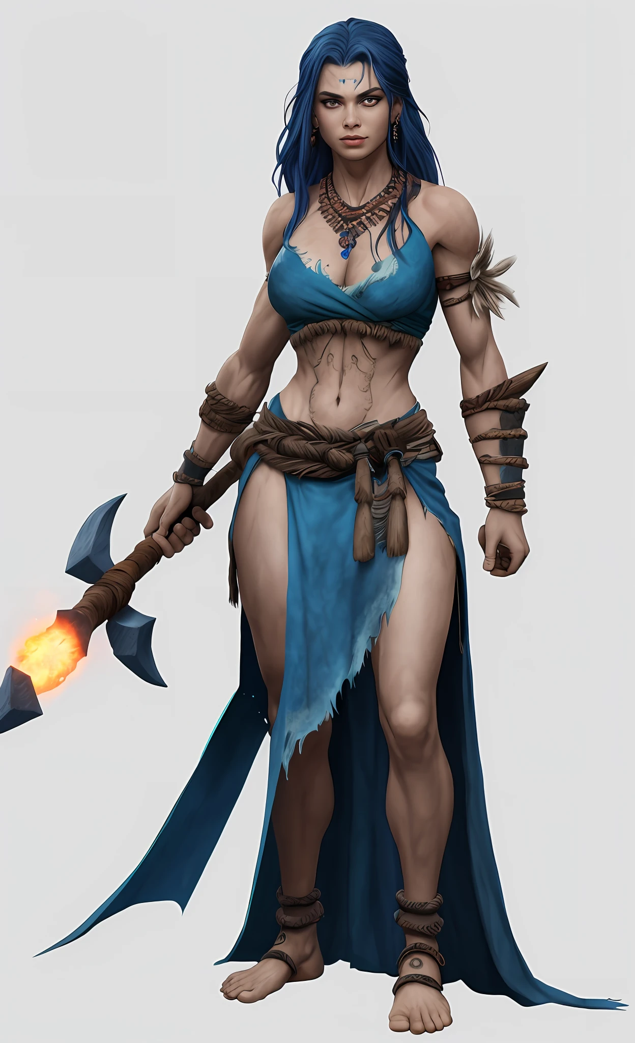 (1 beautiful girl,mages),Full body like,Stone Age,Primitive barbarian style,highly details eye, Stoic barbarians with visible pupils, (Blue scale dress,Beautiful mage),long leges,Skins,Primitive barbarian style,highly detailed eye、detailized face,Full body standing painting,white backgrounid,tmasterpiece,best qualtiy,Best resolution,8K