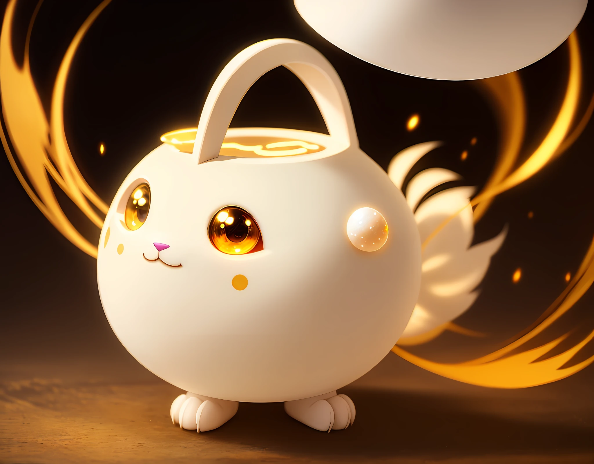 Bipedal creature resembling a rabbit, ghostly white fur and solid glowing white eyes, inside a brown pot with la white stripe and black eyes, golden swirl gems, masterpiece, best quality