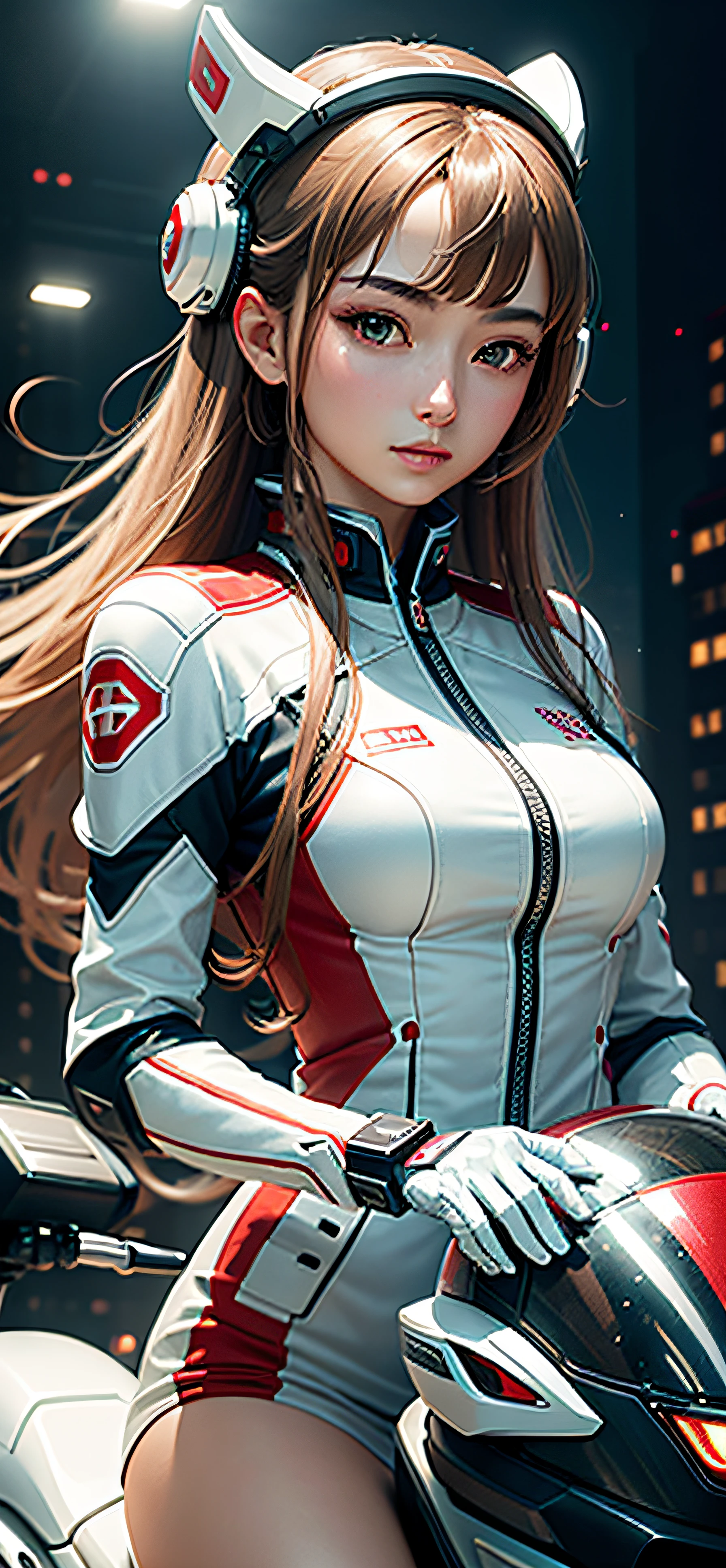 Highest image quality,Outstanding details,超高分辨率,(Fidelity:1.4),The best illustration,Favor the details,delicated face,Highly cohesive 1girl,He has a delicate and beautiful face,Dressed in white-red mechs,wearing a mech helmet,Hold the direction controller,Riding on a motorcycle,The background is a high-tech lighting scene in the future city。